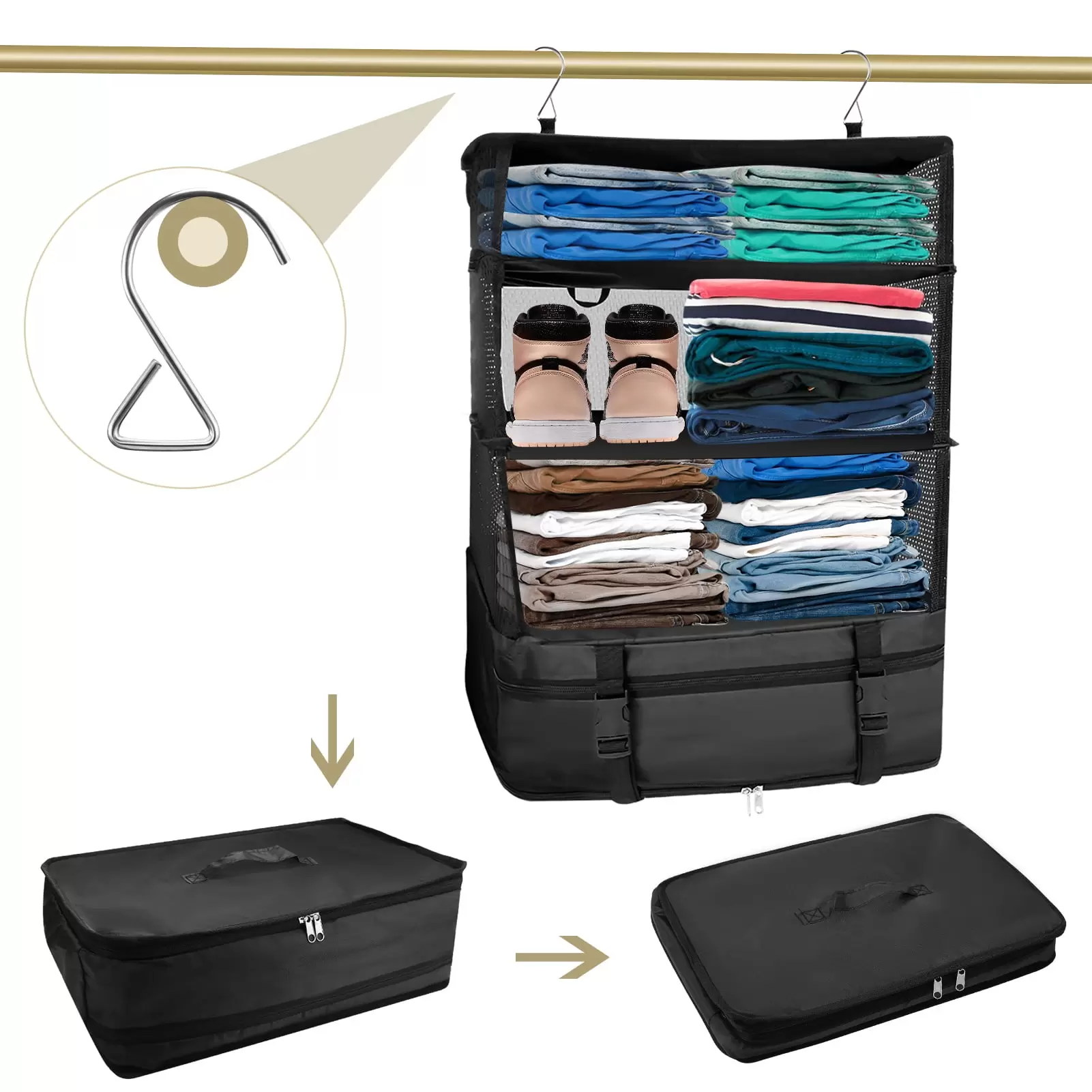 Abaima Travel Cube Hanging. 3-Shelf Suitcase. Hanging Travel Shelves Cube Organizer. Packing Cube Suitcase Storage Large Capacity. Portable Collapsible Hanging Closet Storage Bag for Travel