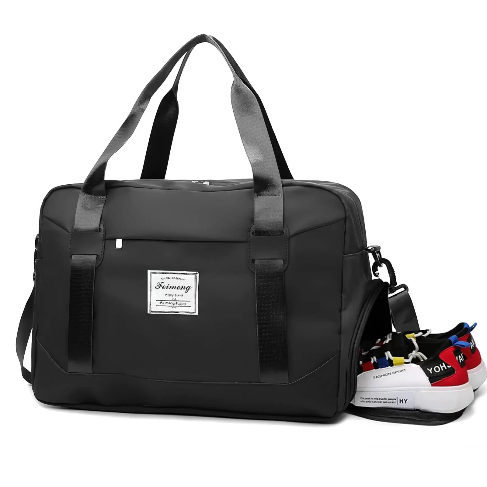 Achort Travel Duffel Bag. Large Folding Sports Gym Bag with Wet Pocket & Shoes Compartment - Black