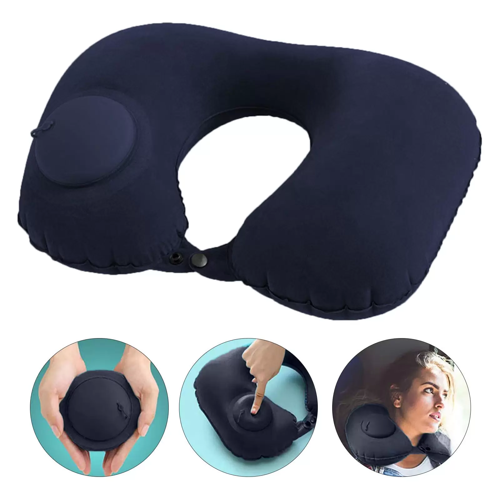 Air Cushion Self Inflating Button Travel Neck Pillow Inflatable Plane Car Train Pillow Portable Soft U Shaped Travel Pillow Flocking Fabric