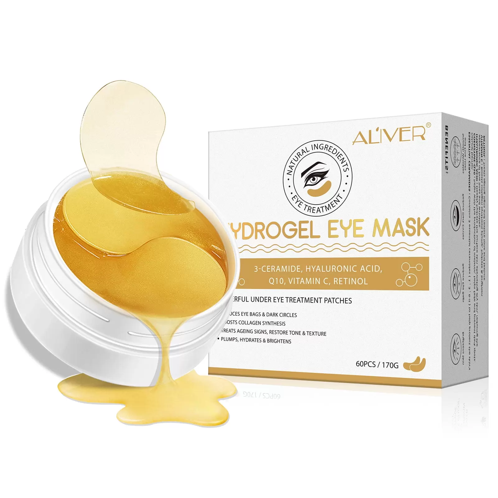 Aliver 24k Gold Under Eye Mask for Wrinkles.Puffy Eyes & Bags.Dark Circles.30 Pairs Under Eye Treatment Patches