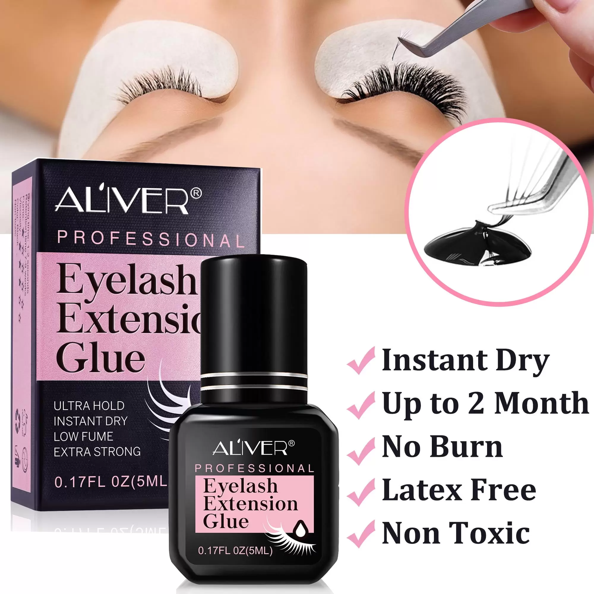 Aliver Eyelash Extension Glue - Strong Adhesive Semi-Permanent - 7-9 Weeks Retention - 1 Sec Drying - Professional Use Only - Non-toxic. 5ml/0.17fl.oz