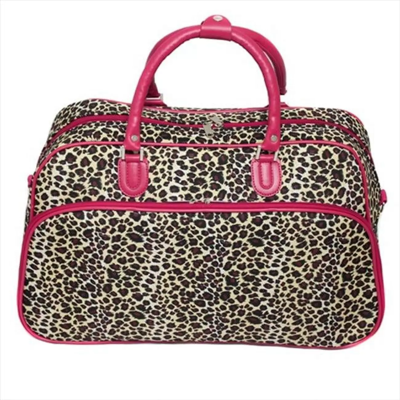 All-Seasons 812014-168-F 21 in. Leopard Print Carry-On Shoulder Tote Duffel Bag- Pink Trim