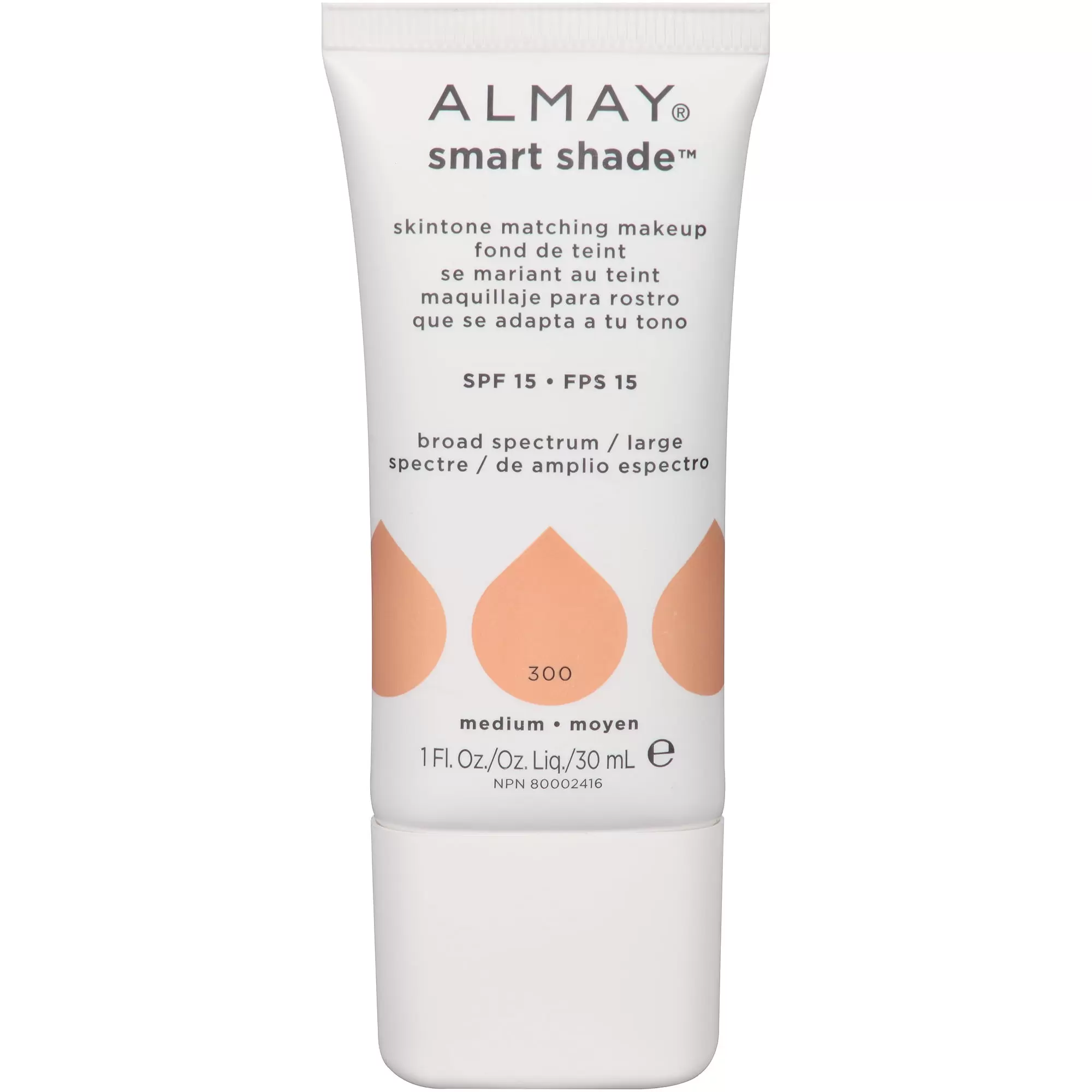 Almay Smart Shade Liquid Foundation Makeup. SPF 15. 300 Straight Up Medium. 1 fl oz