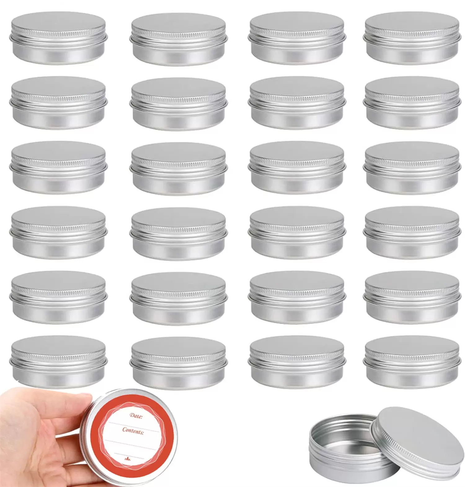 Aluminum Round Cans.Bexikou 24 Pack 2 Oz Round Tin Containers Empty Container Aluminum Tin Jar with Screw Lid and Labels for Crafts. Candle. Balms. Food Storage. DIY