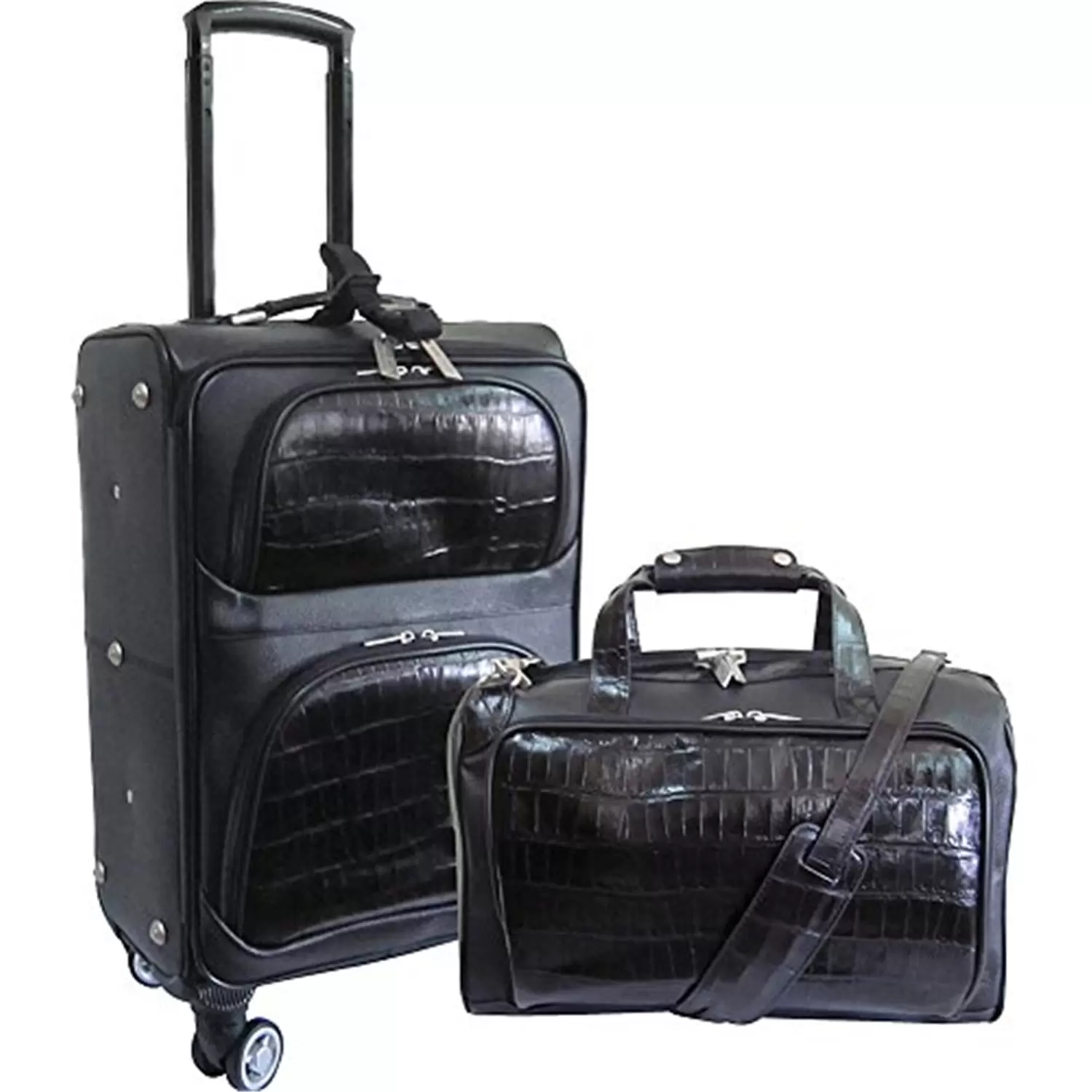 AmeriLeather 8702-0 Two-Tone Leather Traveler Set on Spinner Wheels, Black - 2 Piece