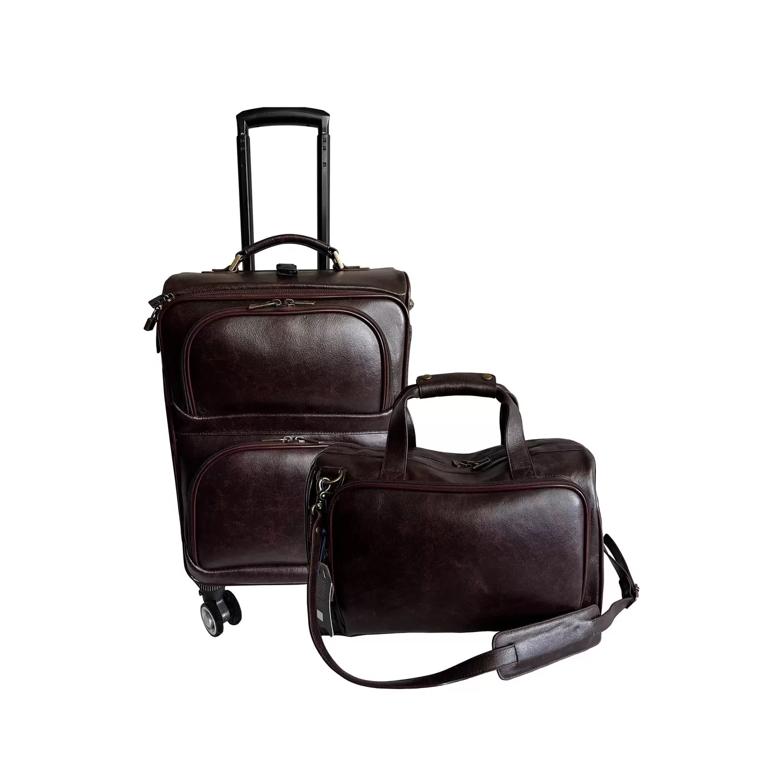 Amerileather Chestnut Brown Leather Two Piece Set Traveler on Spinner Wheels (8602-8)