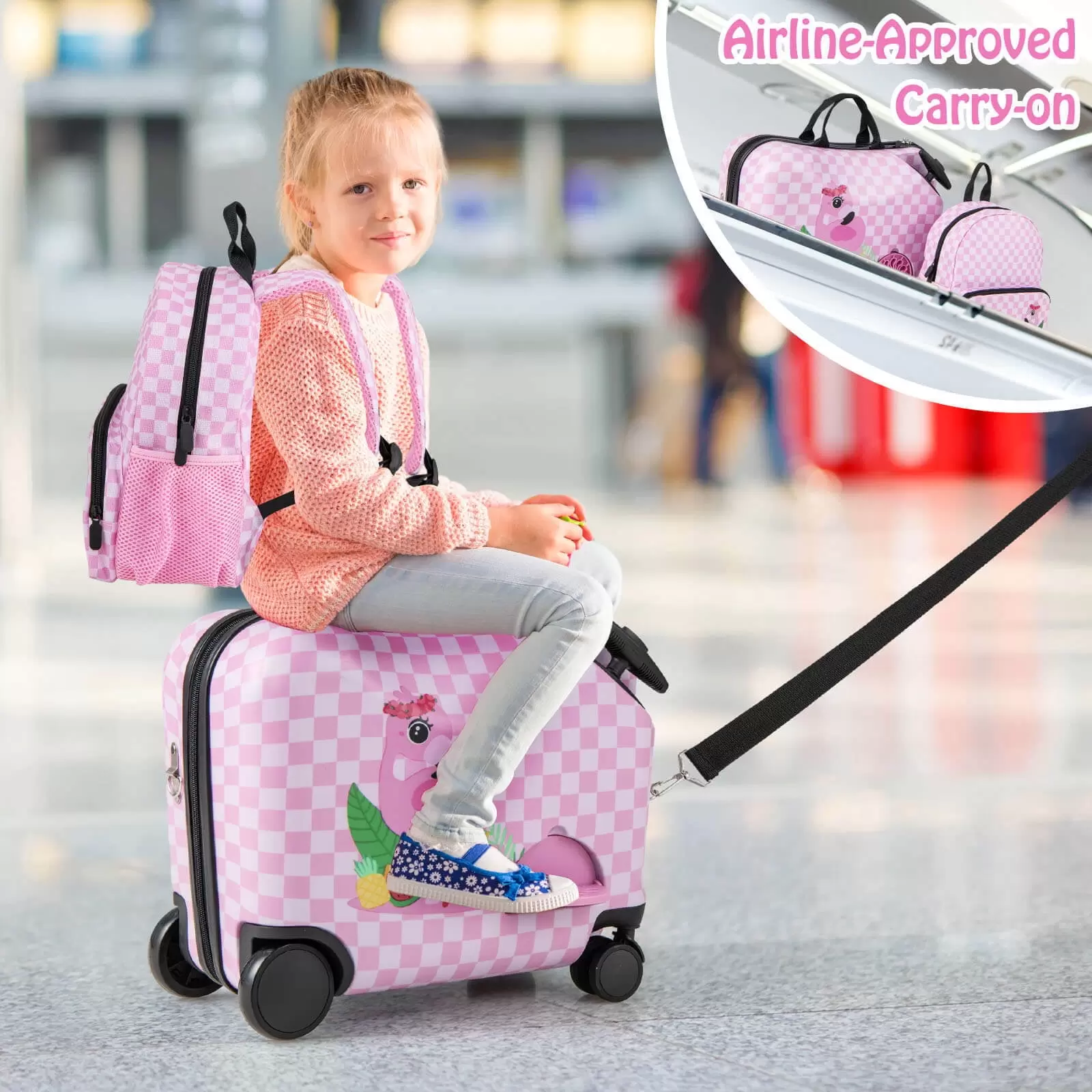 Amijoy 2 PCS Kids Luggage Set with Wheels. Ride-on Suitcase & Backpack Set with Lanyard for Pull & Prevent Loss. Telescopic Handle. Carry Strap