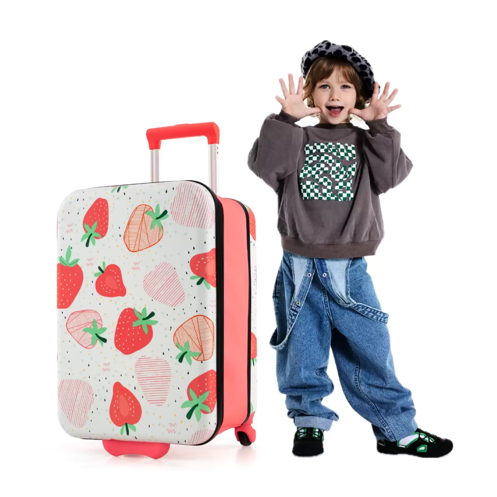 Amijoy 20 Kids Hardshell Luggage. Foldable Kids Rolling Luggage w/ Adjustable Telescoping Handle. Universal Wheels. Side Storage Pocket