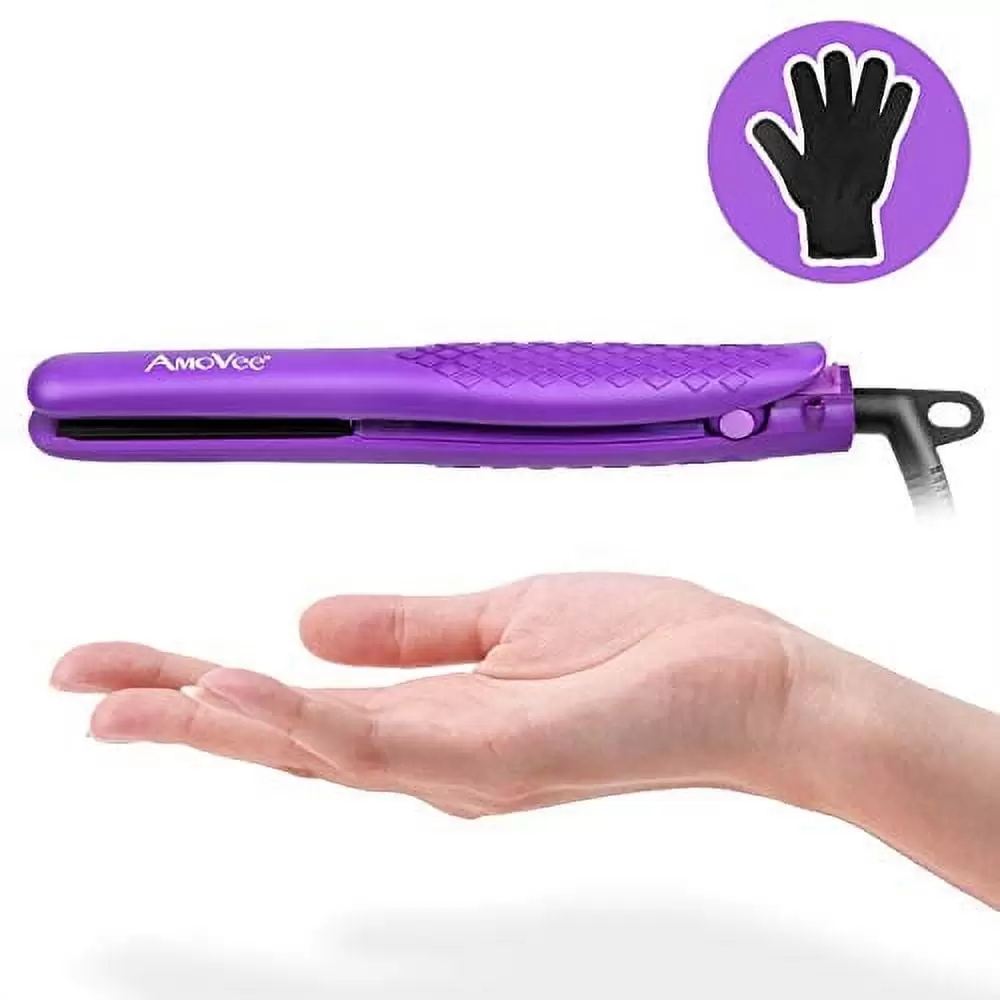 AmoVee Mini Flat Iron Smart Ceramic Tourmaline Hair Straightener Negative Ionic Technology with Heat Resistant Glove for Travel. 1/2 Inch. 110V - 240V. Purple