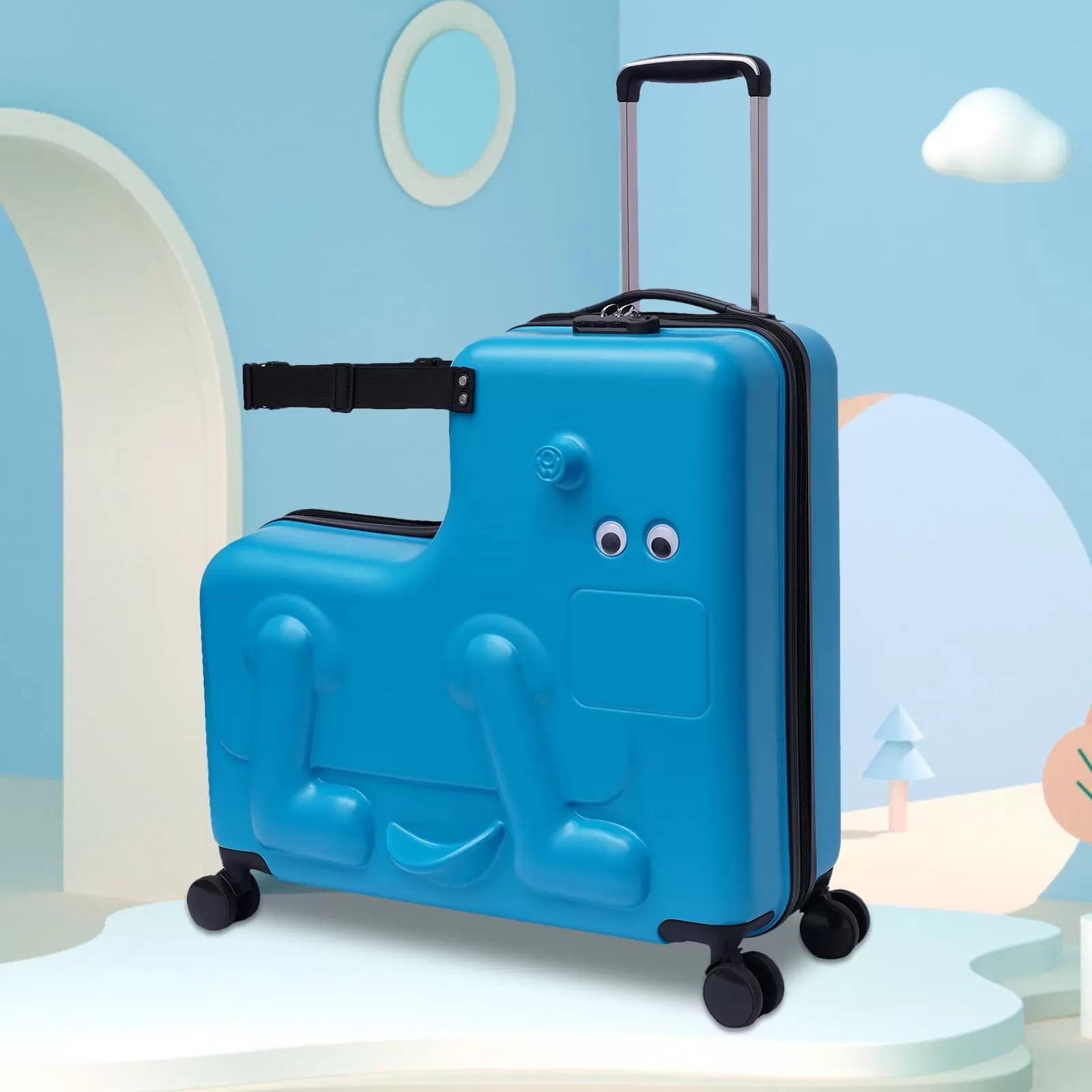 Anqidi 24 Blue Kids Ride On Suitcase Portable Universal Wheel Trolley Luggage Case Cute Dog-Shape Children Travel Suitcase w/Lock