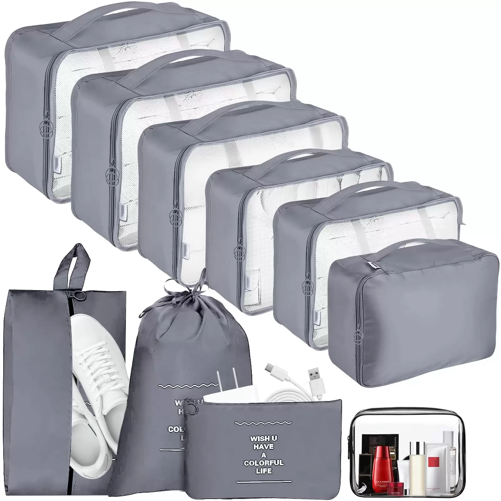 Arevtovis Suitcase Organizer Packing Cubes for Clothes - 10 Piece Clothes Bags. Packing Cube Set Travel Cubes. Packing Bags with Cosmetic Bag. Waterproof Shoes Bags. Travel Essentials (Gray)