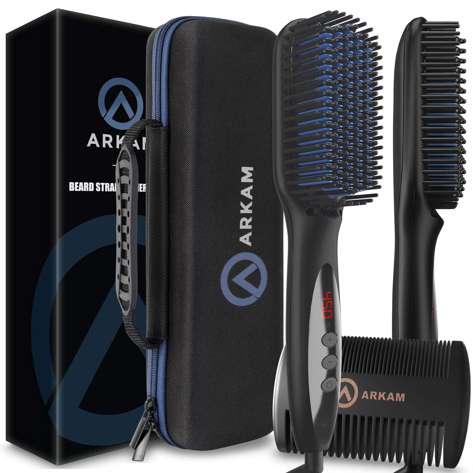 Arkam Deluxe Beard Straightener for Men - Ionic Beard Straightening Comb. Anti-Scald Feature. Portable. Premium Travel Case & Beard Comb Included