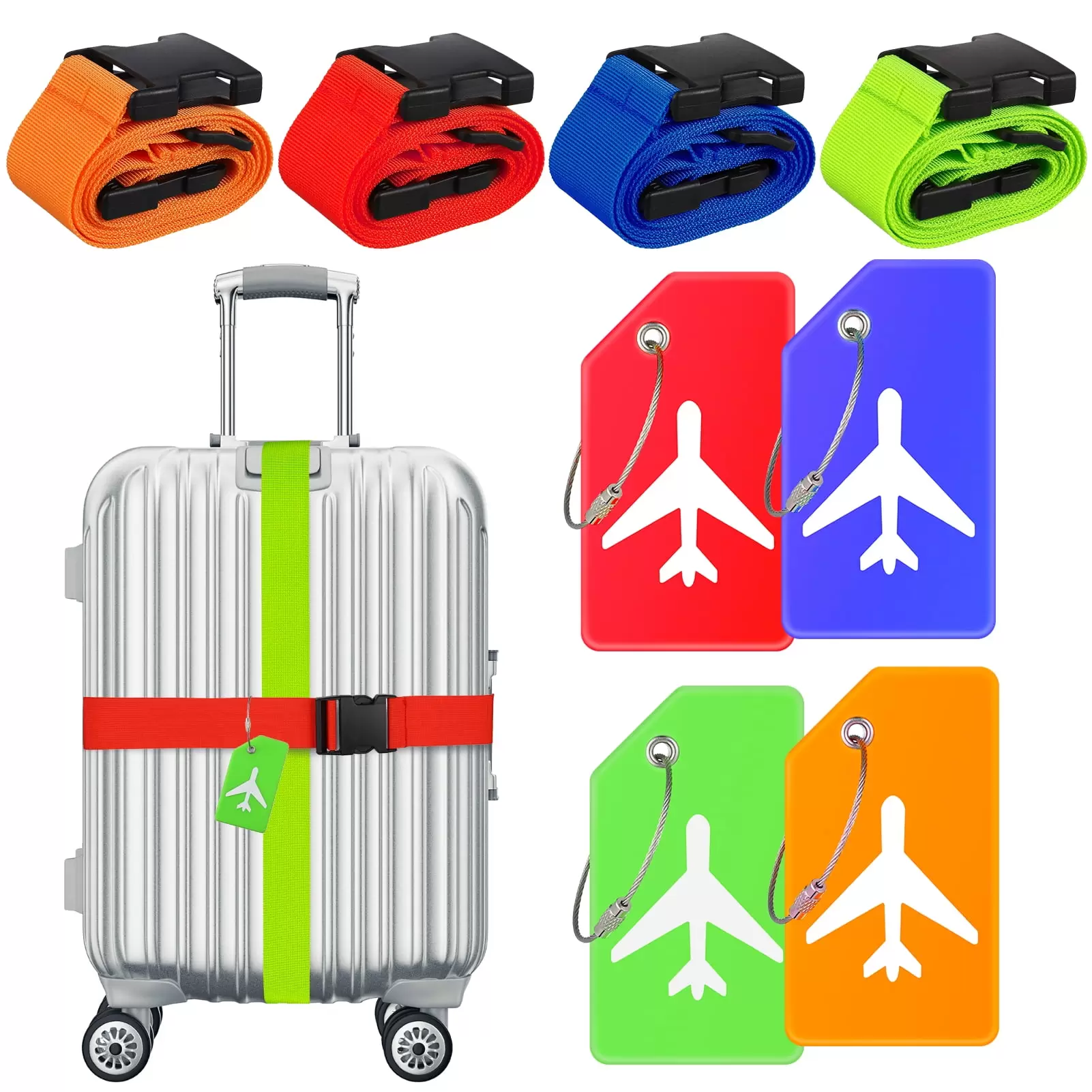 Armscye 8 Pack Luggage Straps Suitcase Tags Set. Travel Adjustable Suitcase Belt Silicone Luggage Tags with Name ID Card Man Women Travel Accessories. TSA Approved(Multi)