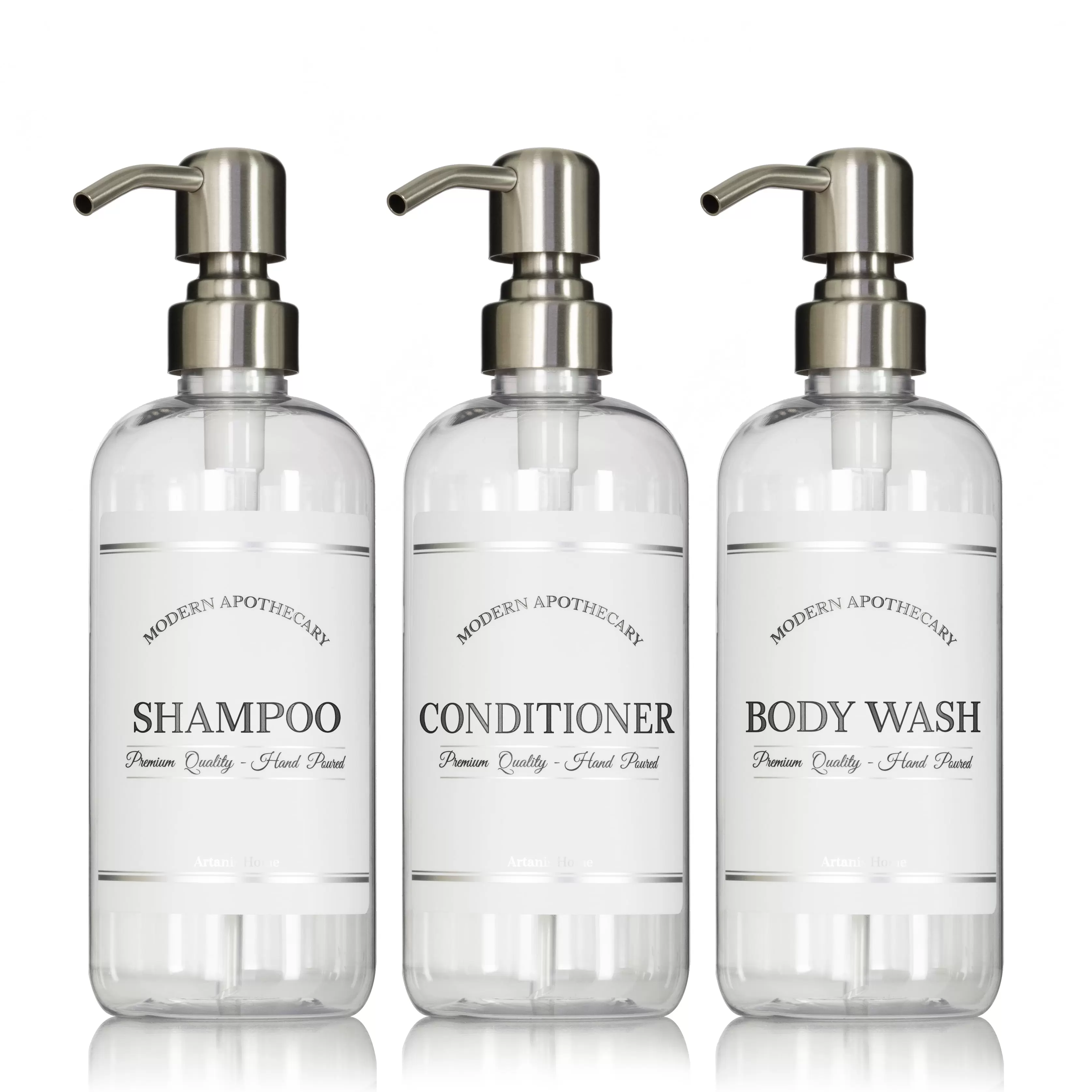 Artanis Home Clear Refillable Body Wash. Shampoo and Conditioner Bottles - PET Plastic Shampoo Bottles with Stainless Steel Pumps and Modern Apothecary Labels- 16 oz. 3 Pack