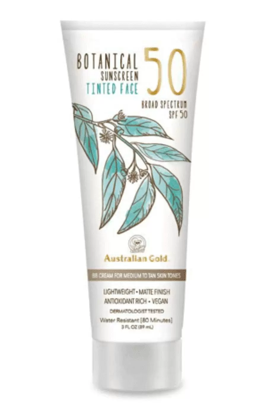 Australian Gold 263476 3 oz Botanical Sunscreen SPF 50 Tinted Face Medium to Tan BB Cream