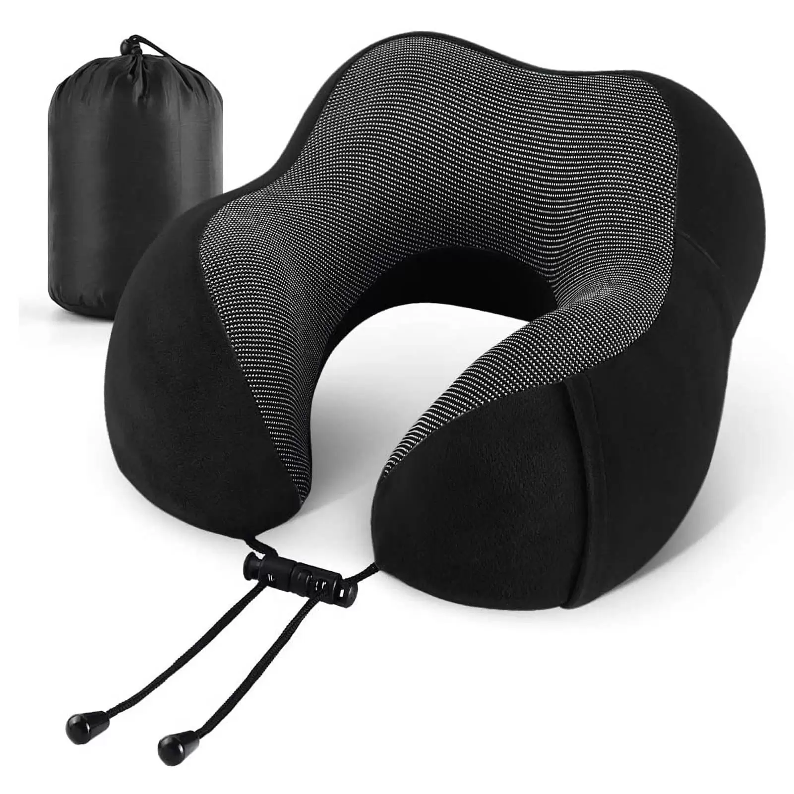 Axidou Travel Neck Pillow with 100% Memory Foam. Includes Travel Pillows Kit with Storage Bag. Black