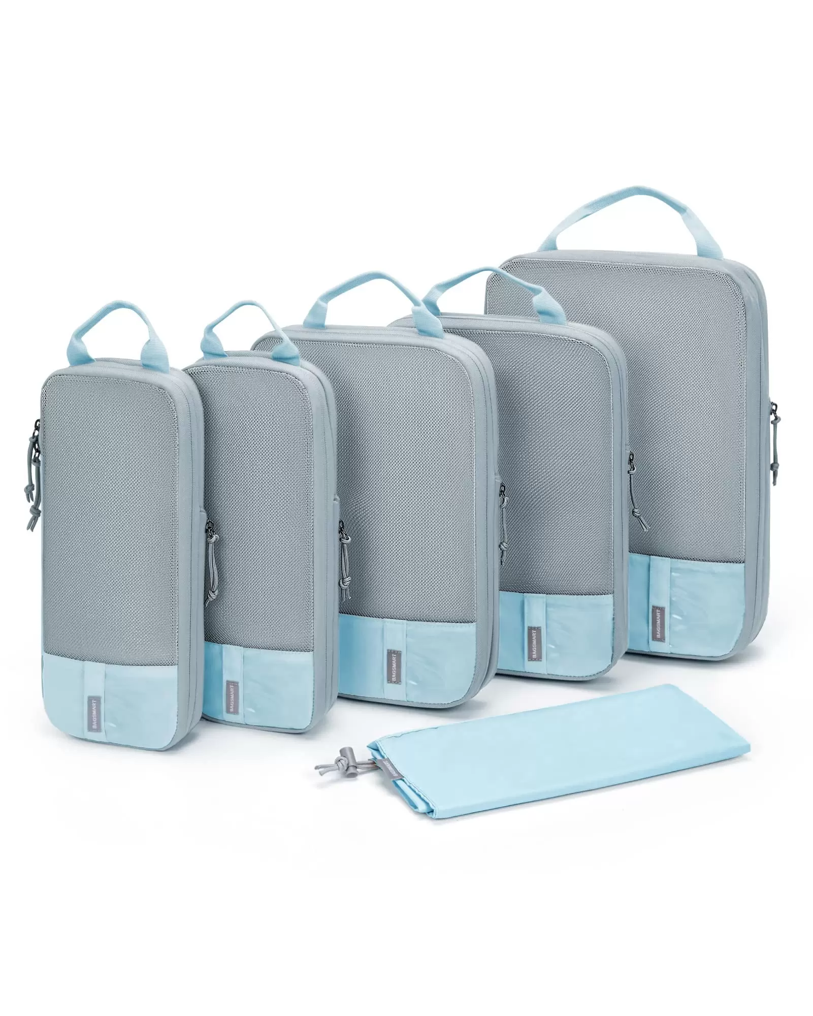 BAGSMART Compression Packing Cubes for Travel Luggage. 6 Pcs Expandable Packing Organizers Foldable Lightweight Suitcase Storage Bags for Travel Accessories. Women Men. Light Blue