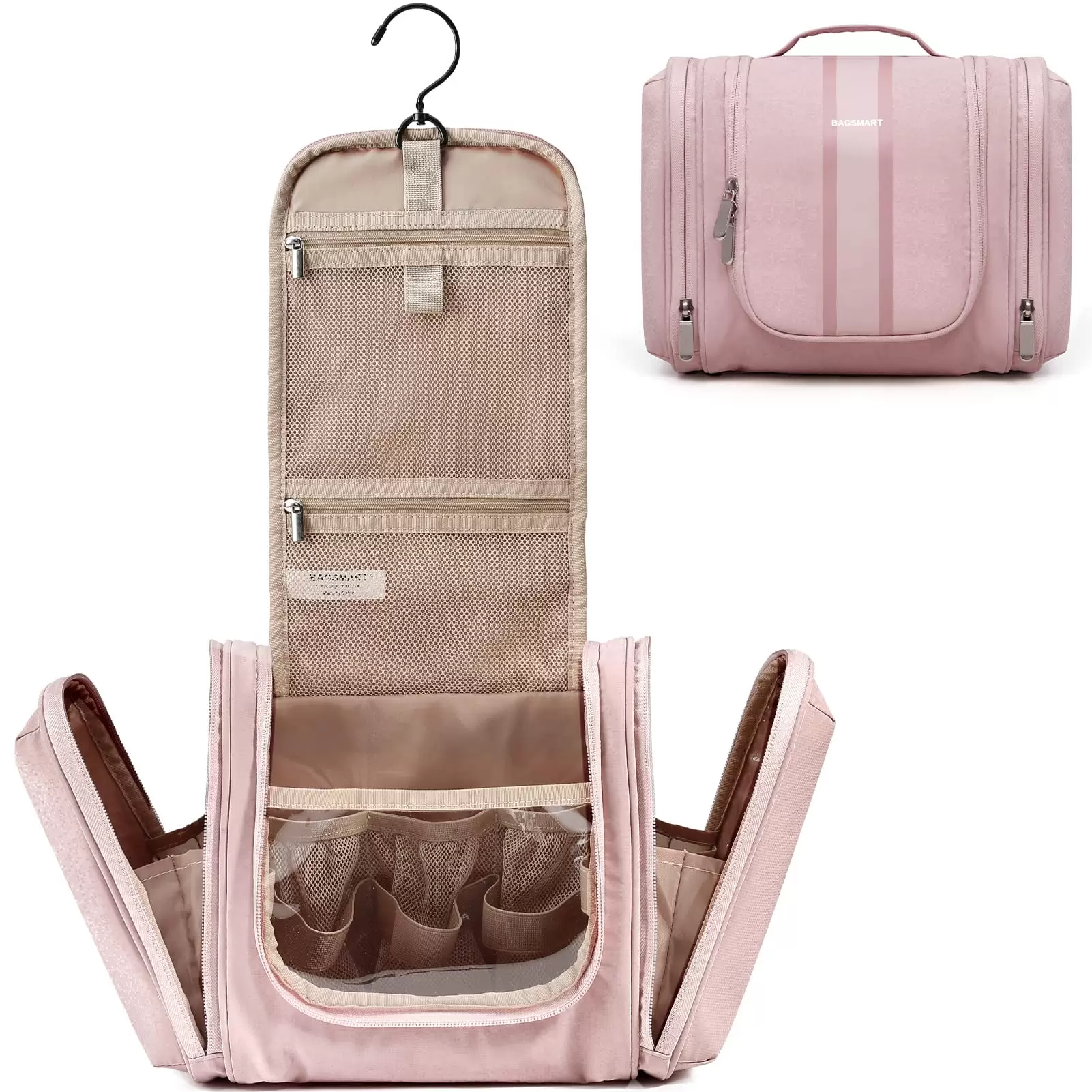 BAGSMART Hanging Toiletry Bag for Women and Men. Extra Large Travel Makeup Bag Cosmetic Shaving Organizer. Water Resistant Toiletries Accessories Essentials Kit. Baby Pink