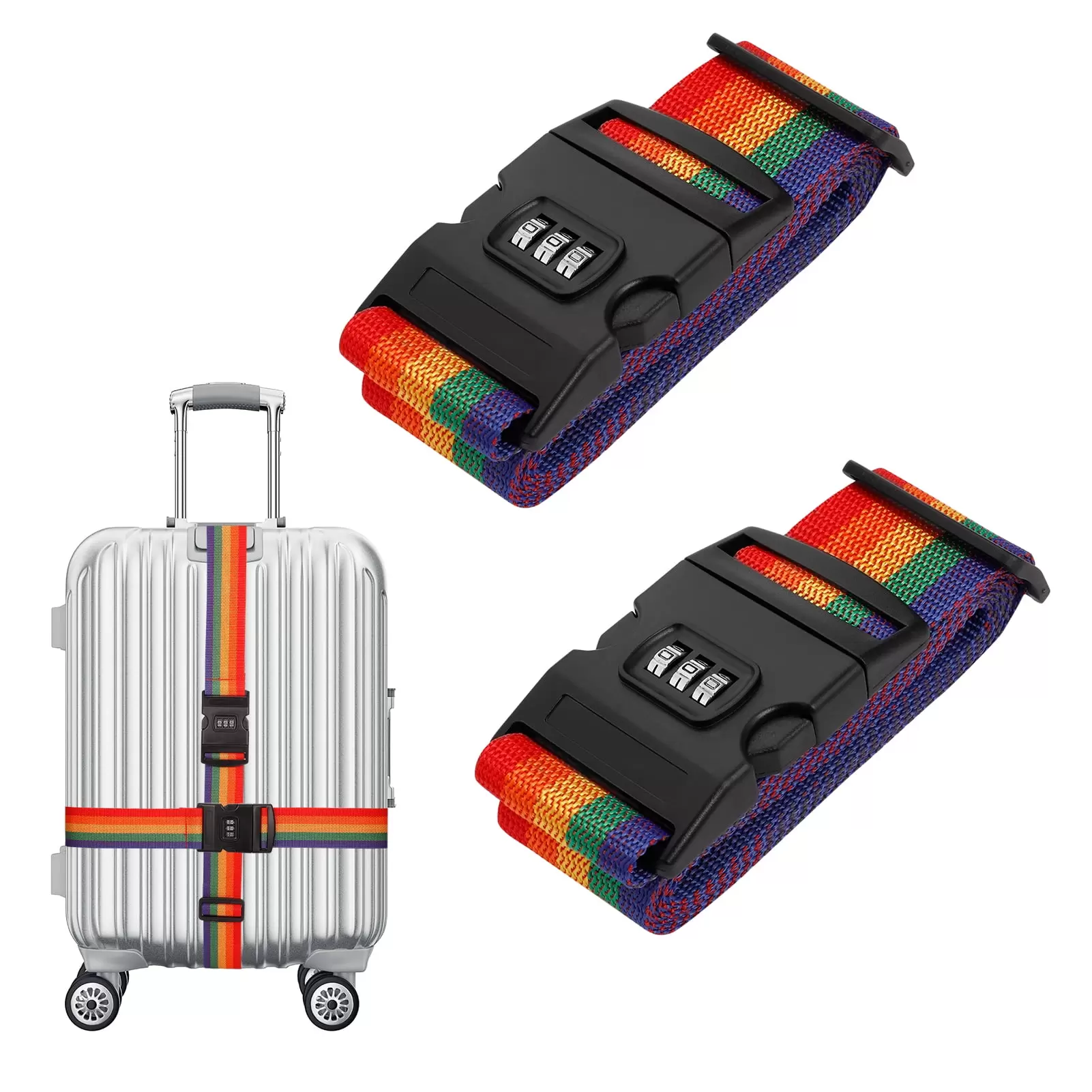 BUBABOX 2 Pcs Luggage Strap with 3 Digit Resettable Lock. 79 Inch Rainbow Luggage Belt Strap for Suitcases TSA Approved. Adjustable Luggage Belt with Buckles for Travel Camping Outdoor Carry Handbag(Rainbow)