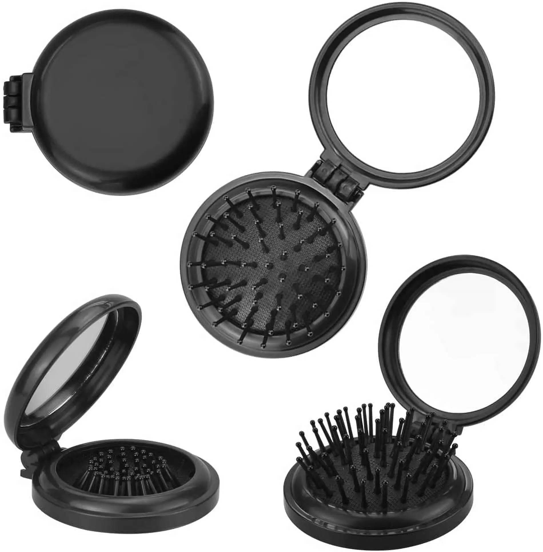 BUZIFU 4pcs Folding Travel Hair Brush Mini Hair Comb Compact Hairbrush with Mirror Small Size Hair Massage Comb Round Folding Pocket Hair Brush for Women and Girls. Black