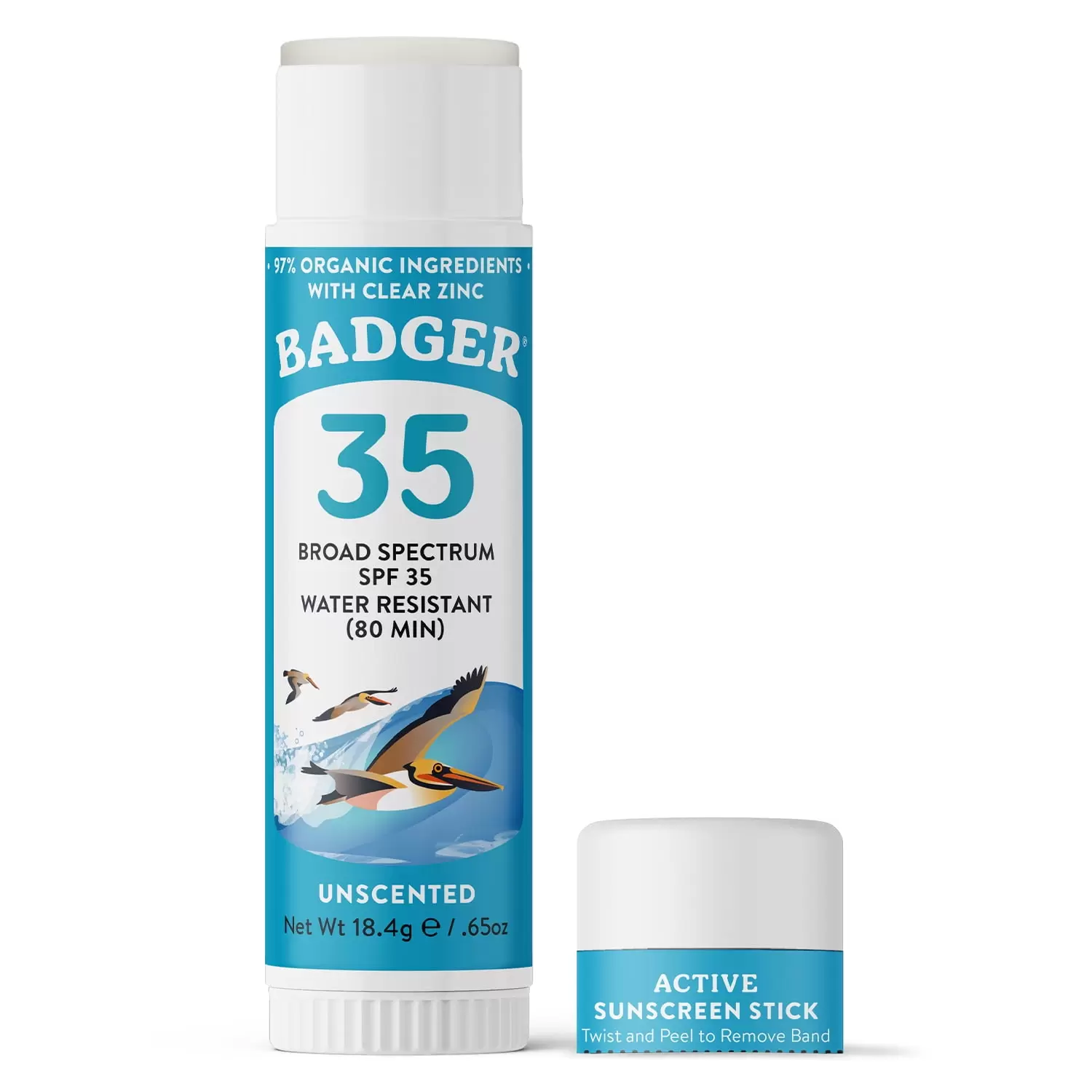 Badger Face Sunscreen Stick SPF 35 with Mineral Zinc Oxide. Travel Size. 97% Organic Ingredients. Reef Friendly. Broad Spectrum. Water Resistant. Hypoallergenic & Non-Comedogenic. Unscented. .65 oz