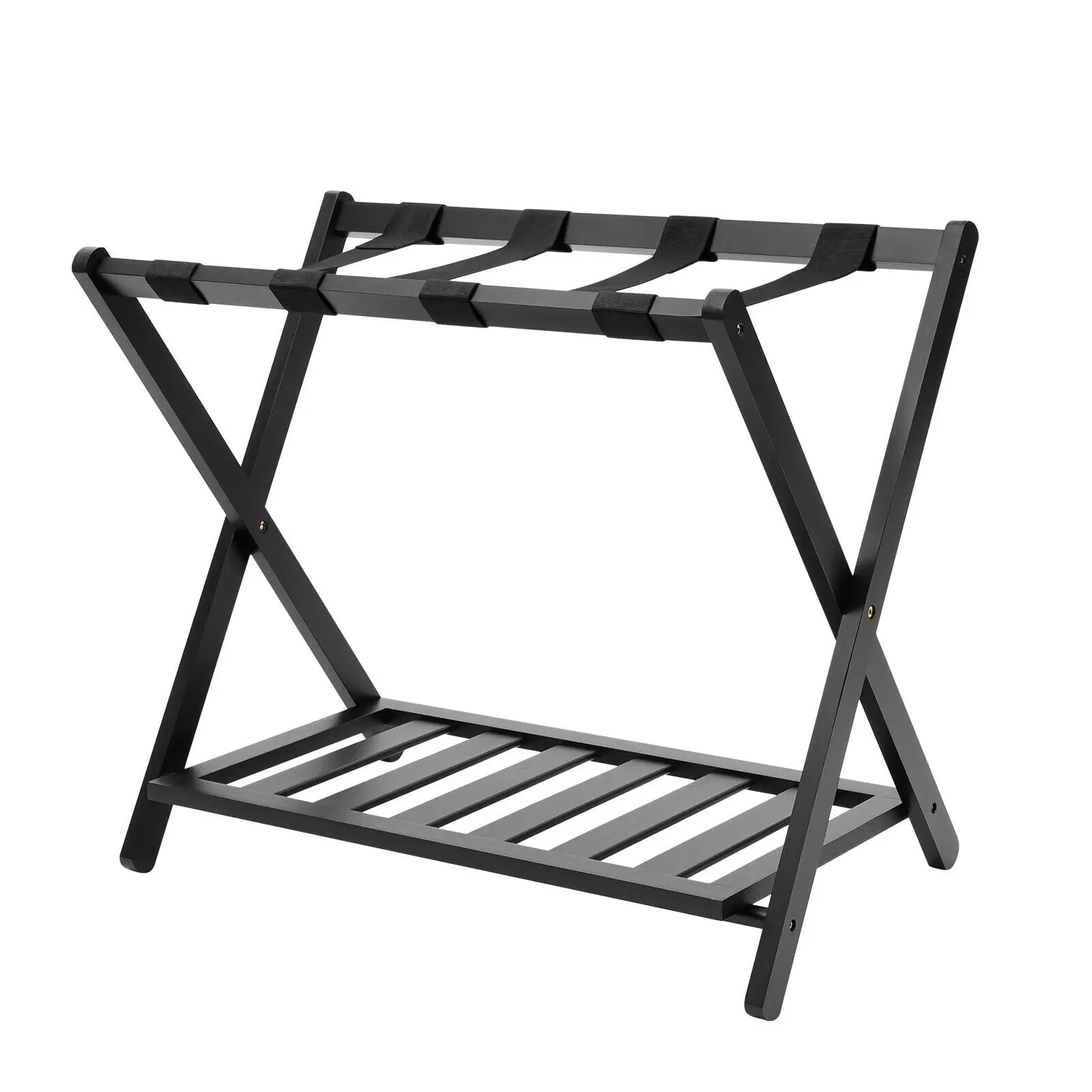 Bamboo Folding Luggage Rack Nylon Straps Bag Shoe Storage Guest Room Shelf Stand Foldable Luggage Rack w/ Shelf Travel Suitcase Shoe Storage Rack Stand Luggage Rack Shelf Shoes Cabinet Storage