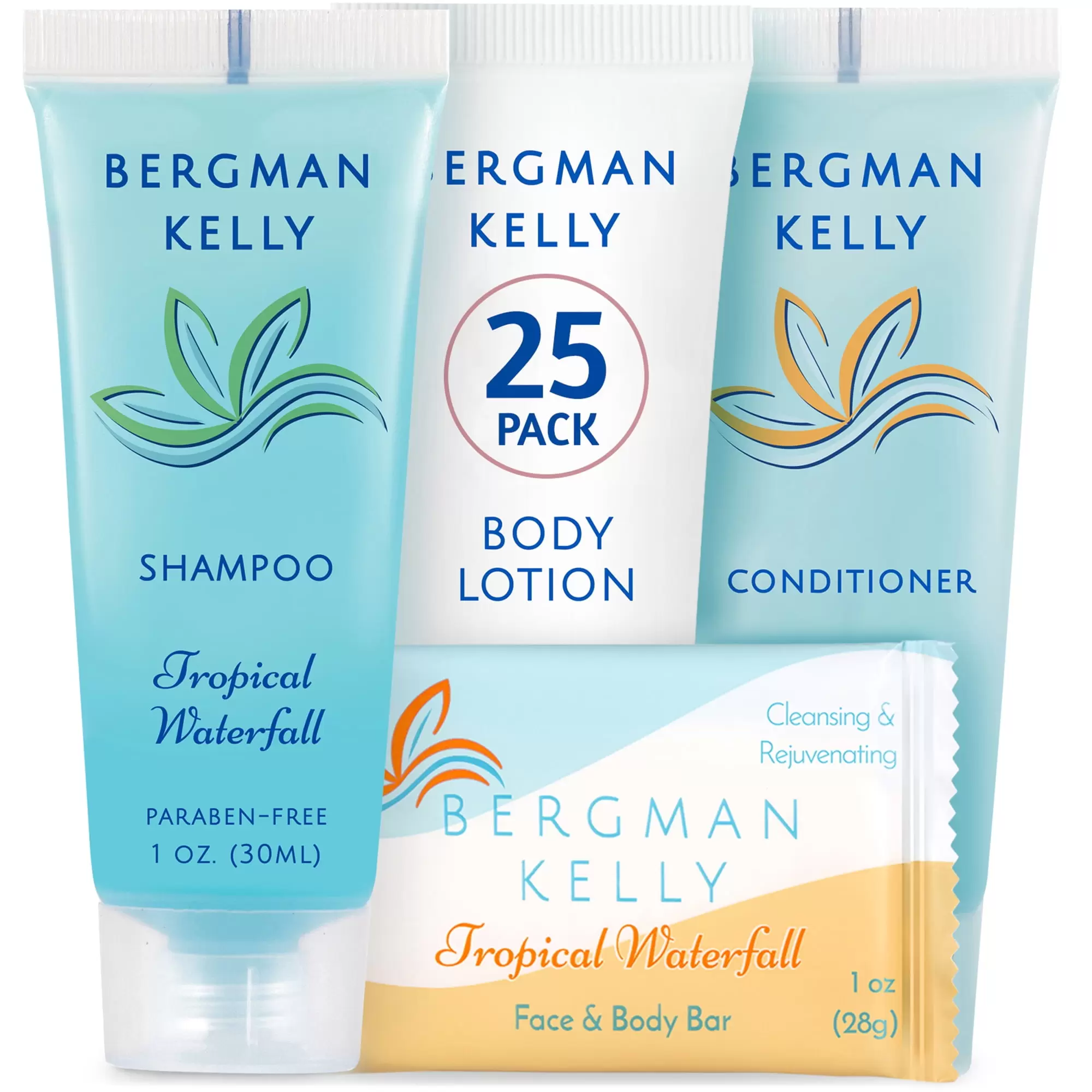 Bergman Kelly Travel Size Toiletries - Shampoo. Conditioner. Bar Soap & Body Lotion (1 oz each. 100 pc); 4-Piece Hotel Set in Tropical Waterfall Scent (US Company)