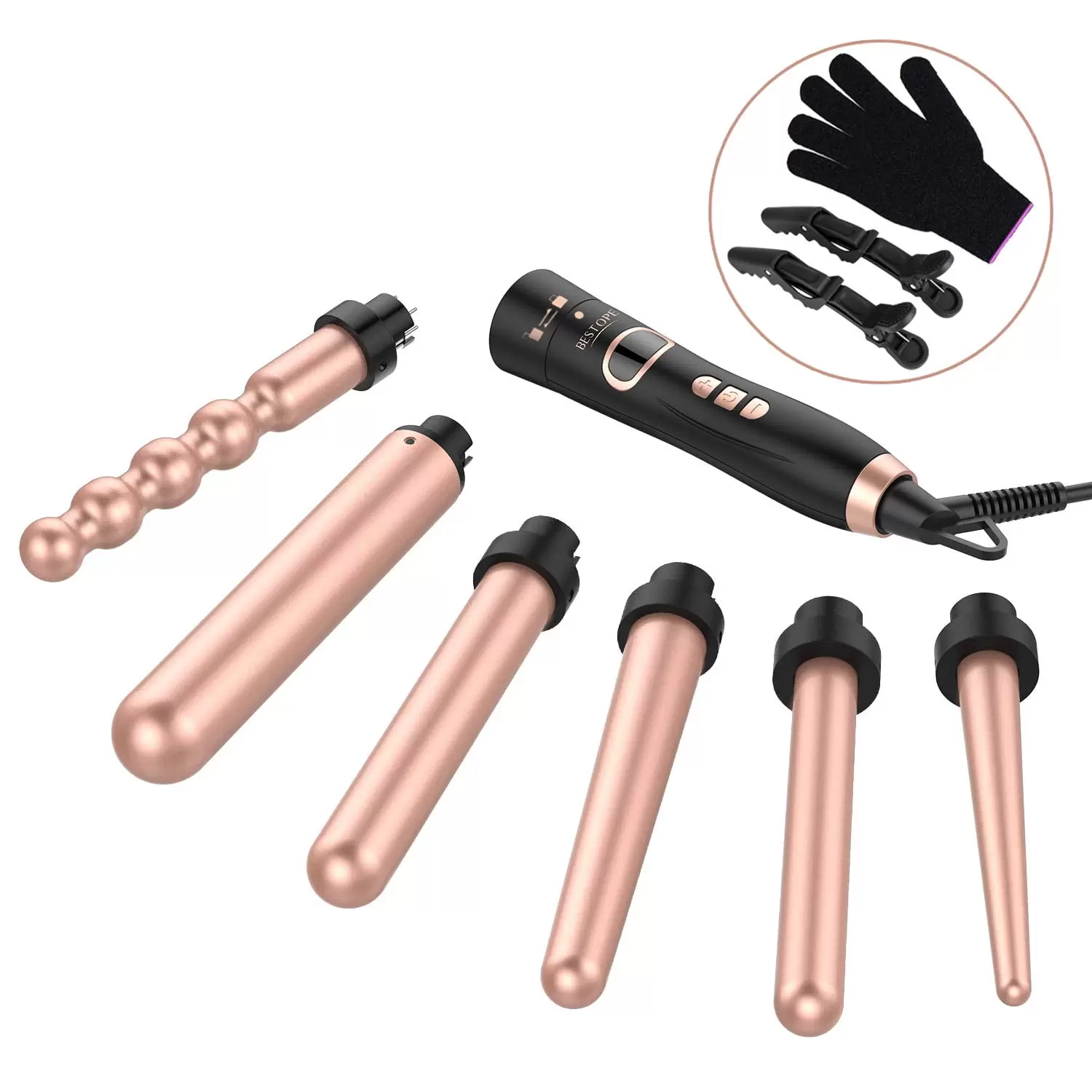 Bestope Ustar Travel Size Professional Ceramic Tourmaline 6-In-1 Hair Curling Wand Set with Protective Glove. Ionic. Gold