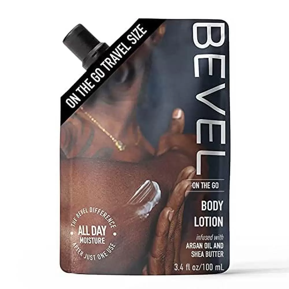 Bevel All Day Body Lotion for Men with Shea Butter and Argan Oil. On-The-Go Pouch. Lightweight Formula Softens and Smoothes Skin. Travel Essentials. TSA Friendly. 3.4oz