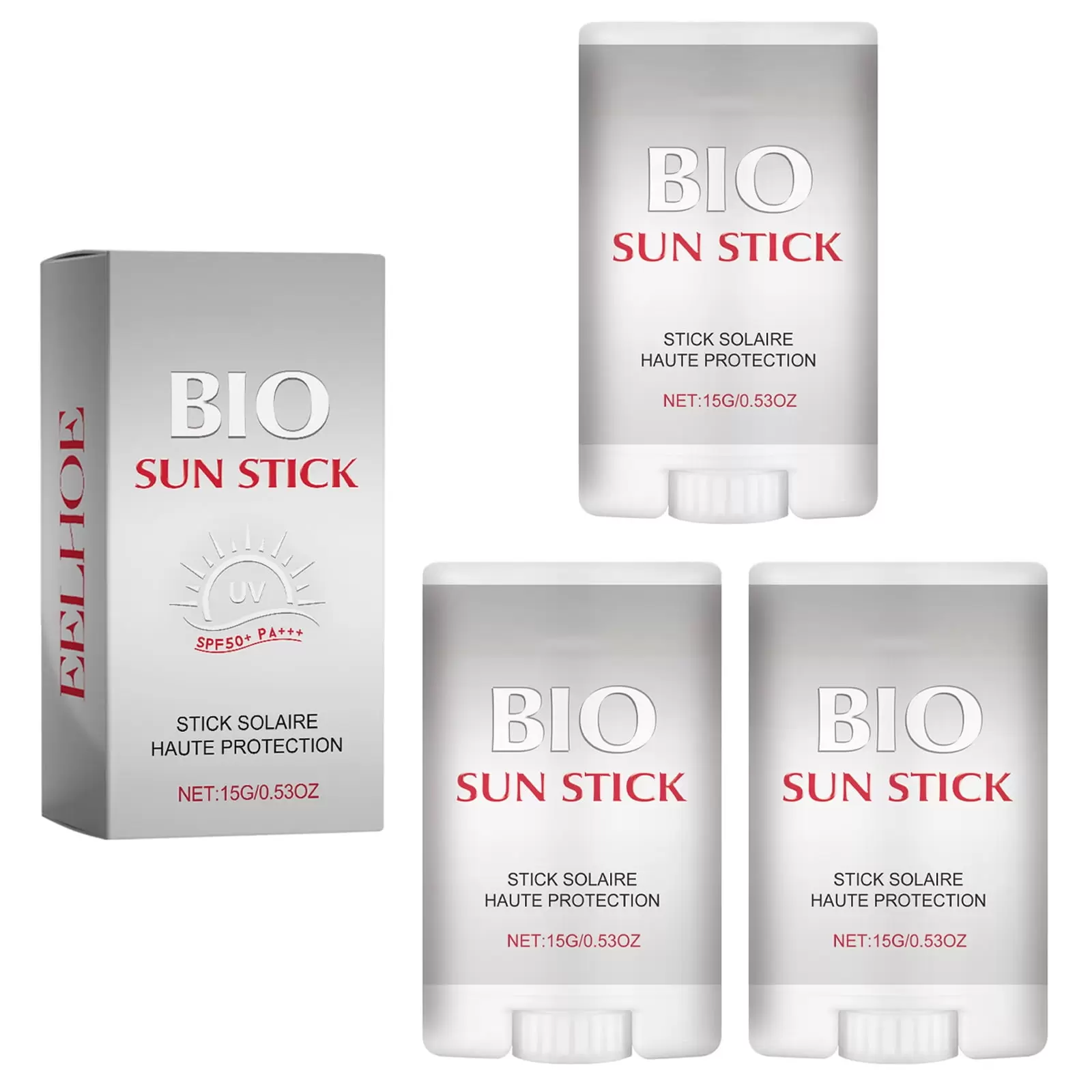 Bio Sun Stick Spf 50+. Bio Sun Stick for the Face and Body. Face Sunscreen with Hyaluronic Acid. Lightweight and Non Greasy. Portable Protects The Skin From Uv (15g*3 pcs)