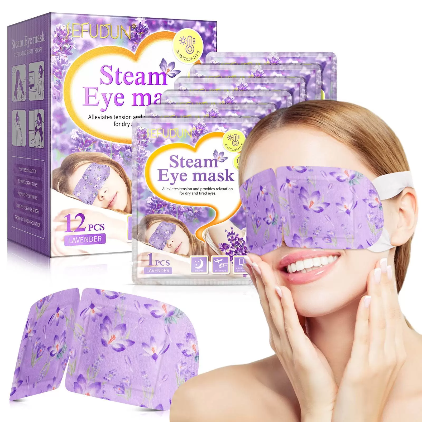 Blueek 12PCS Steam Eye Mask Lavender Warm Compress Soothes Eye Fatigue Long-lasting Heat Shade