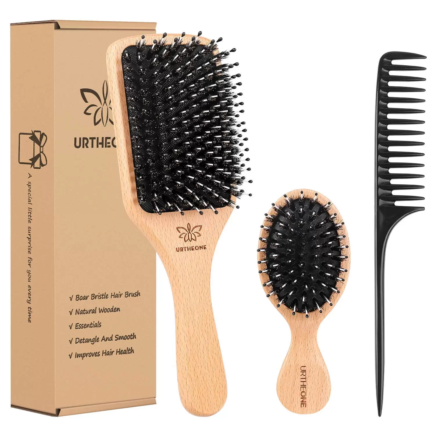 Boar Bristle Hair Brush and Comb Set for Women Men Kids. Best Natural Wooden Paddle Hairbrush and Small Travel Styling Brush for Wet or Dry Hair