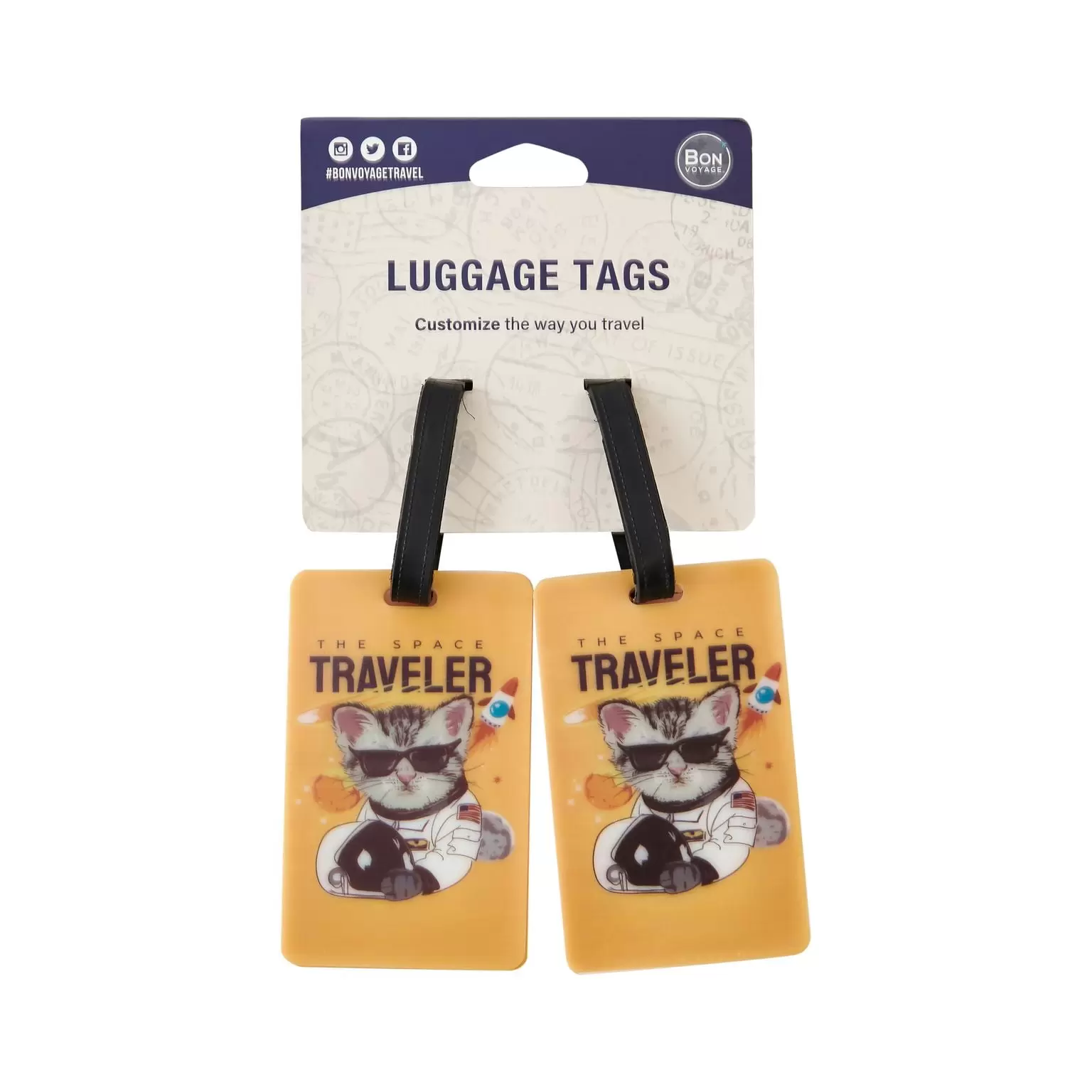 Bon Voyage City and Animal Themed 2-PC PVC Luggage Tag Set. Space Cat