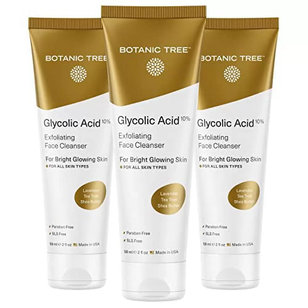 Botanic Tree Glycolic Acid Face Wash Travel Size (2oz.. Pack of 3)- Facial Exfoliating Cleanser w/ 10% Glycolic Acid- Organic Anti Aging AHA Peel for Acne. Wrinkle Reduction-Natural Skin Facewash Scru