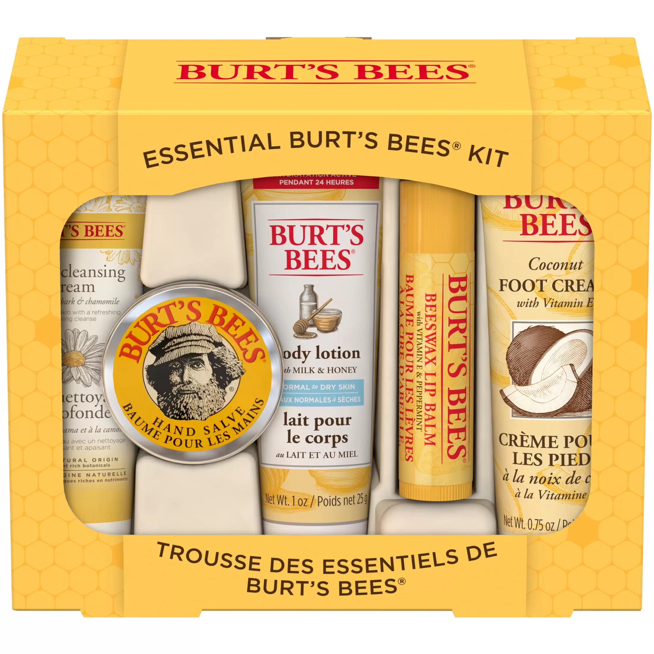 Burt's Bees Essential Gift Set. Cleansing Cream. Hand Salve. Body Lotion. Foot Cream. Lip Balm