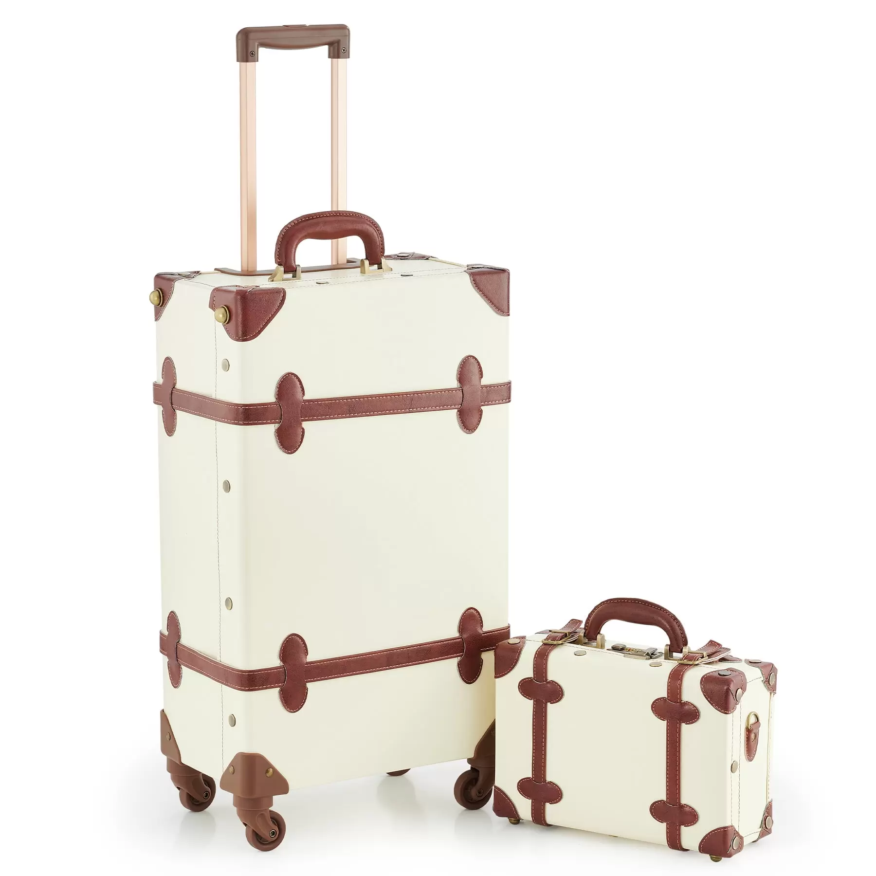 CO-Z Premium PU Vintage Classic Old-Fashioned Beige Trolley Suitcase and Hand Bag Set with TSA Locks Essential. 24+12