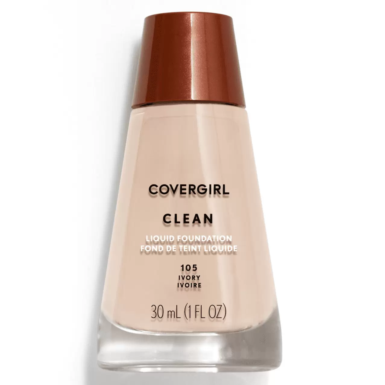 COVERGIRL Clean Liquid Foundation. 105 Ivory. 1 fl oz. Liquid Foundation. Moisturizing Foundation. Lightweight Foundation. Cruelty-Free Foundation. Unscented Foundation