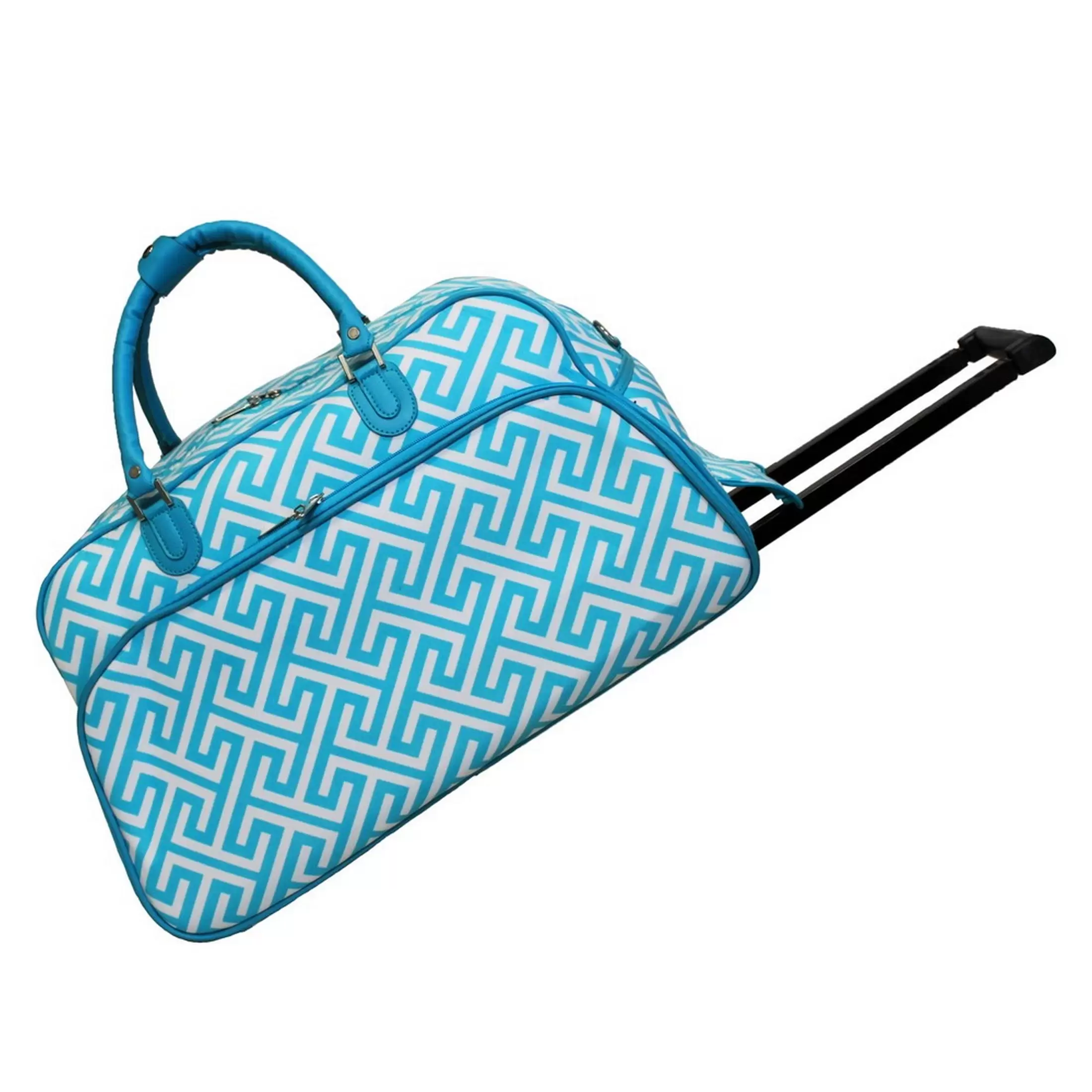 CalBags Classic Prints 21-Inch Carry-On Rolling Duffel Bag - Light Blue White Greek Key