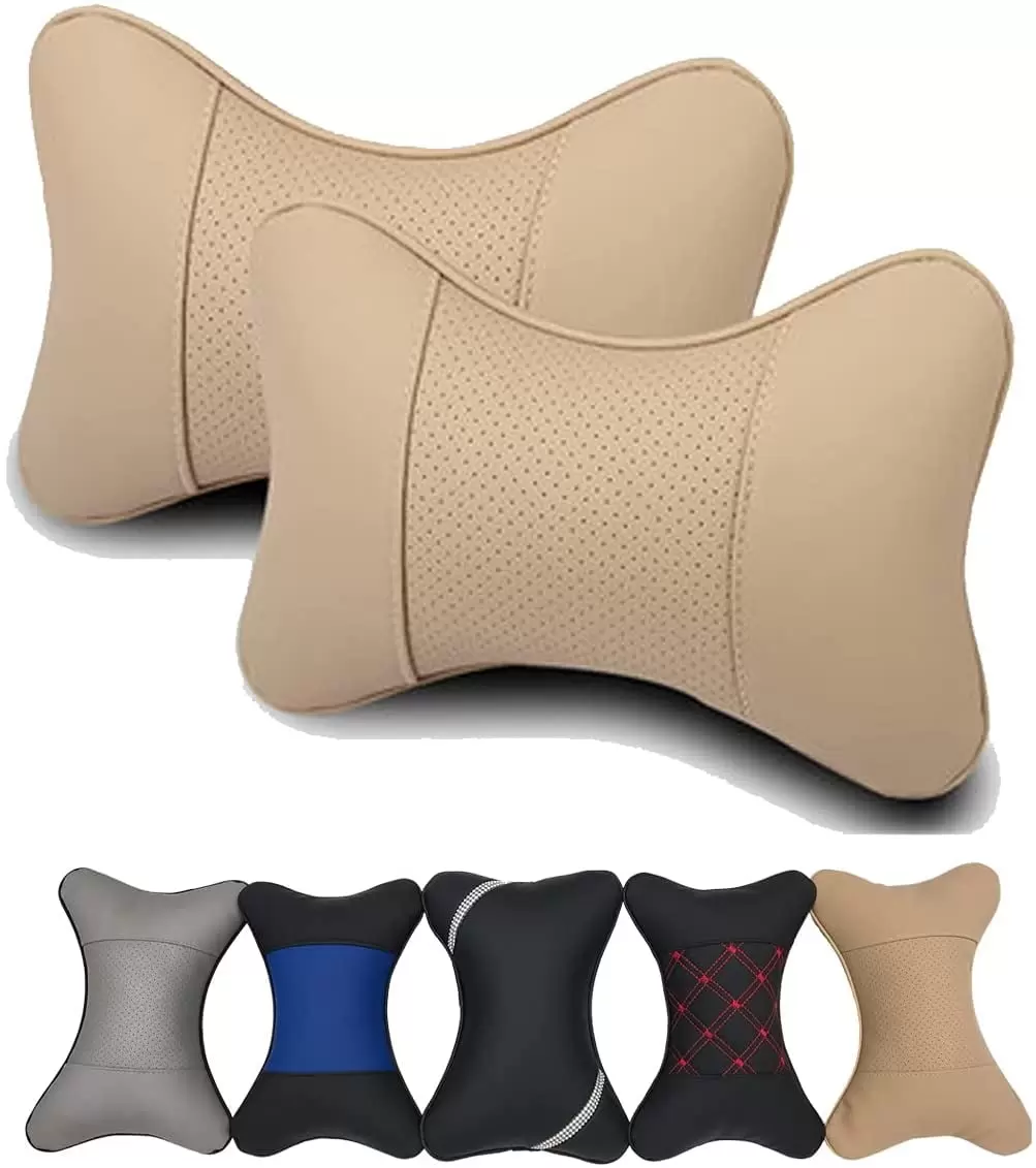 Car Neck Pillows Both Side Pu Leather 2pieces Pack Headrest Fit for Most Cars Filled Fiber Universal Car Pillow (Beige)