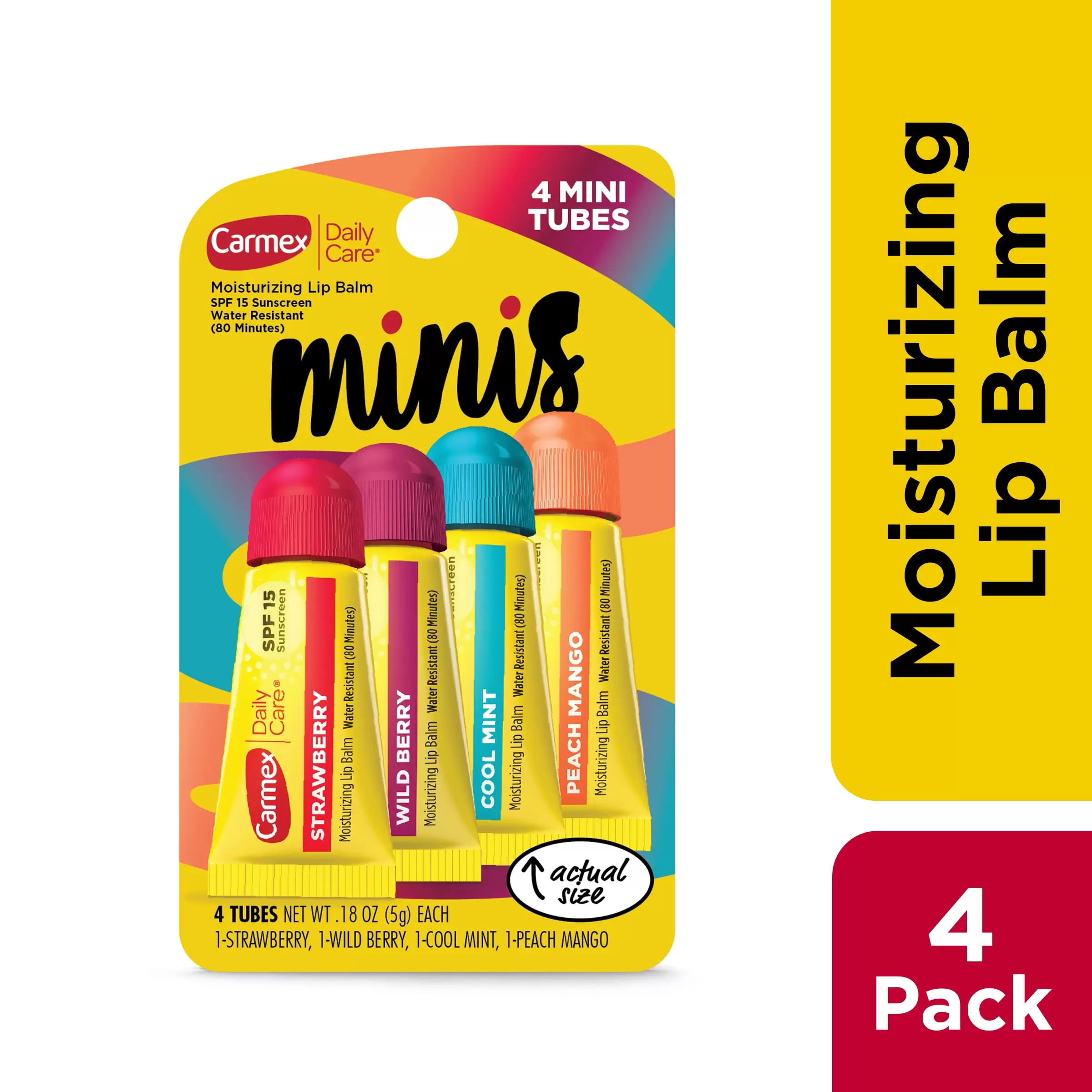 Carmex Daily Care Minis Lip Balm Tubes. SPF 15. Multi-Flavor Lip Balm Pack. 4 Count (1 Pack of 4)