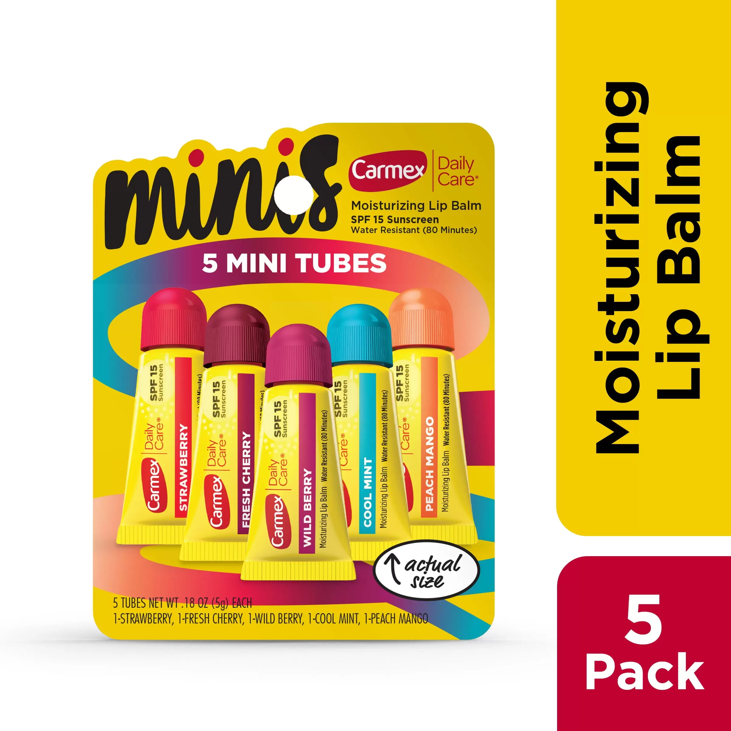 Carmex Daily Care Minis Lip Balm Tubes. SPF 15. Multi-Flavor Lip Balm Pack. 5 Count (1 Pack of 5)