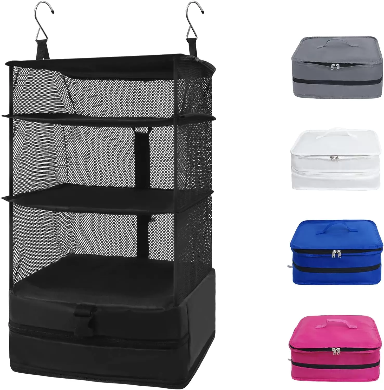 Caroeas X-Large Portable Hanging Travel Shelves. Packing Cube Organizer. Luggage Organizer with Zippered Compartment. Carry on Closet Packing Bag Storage for Suitcase. Black