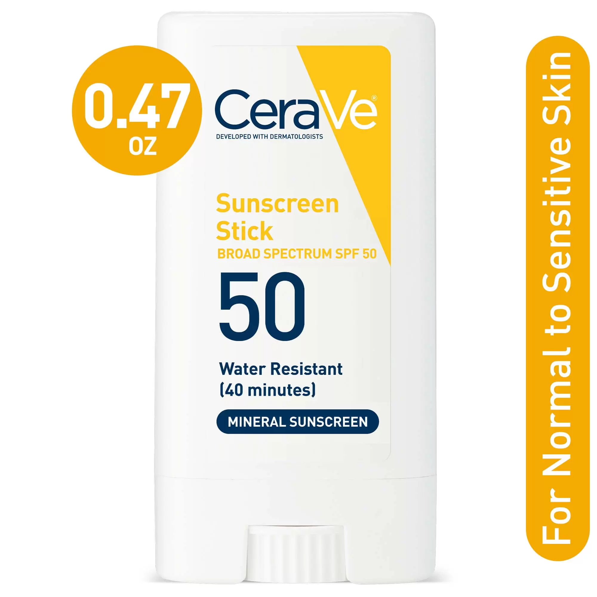 CeraVe Mineral Sunscreen Stick SPF 50 Body & Face Sunblock for Sensitive Skin. Kids & Adults 0.47 oz