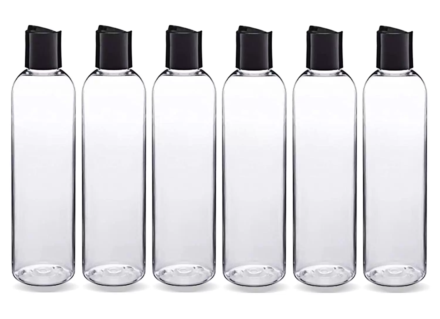 Clear Plastic Empty Bottles with Black Disc Top Caps. Refillable Containers for Shampoo. Lotions. Cream and more Pack of 6