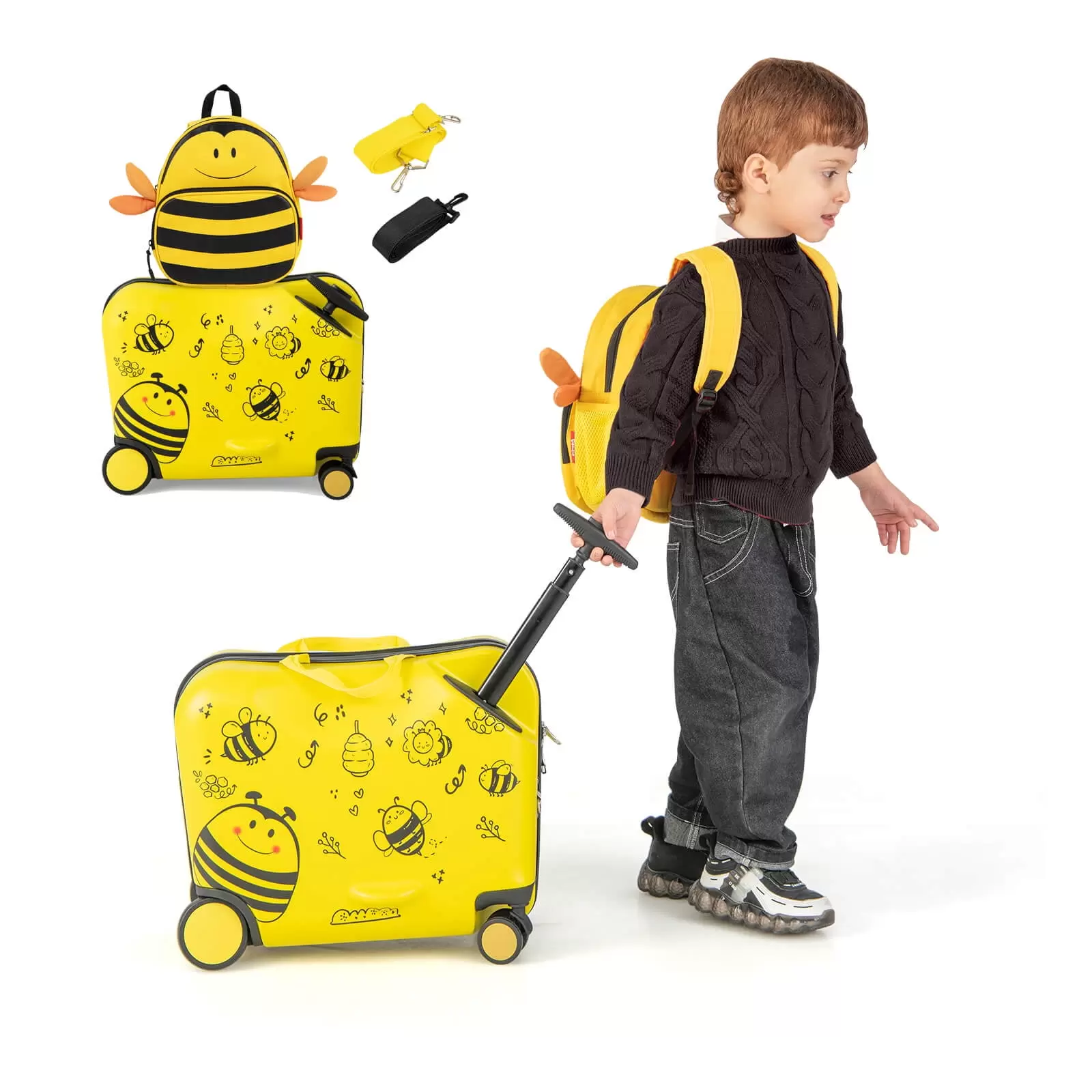 Coelon 2 PCS Kids Luggage Set. 18 Hard Shell Suitcase & 12 Travel Backpack with Spinner Wheels Yellow