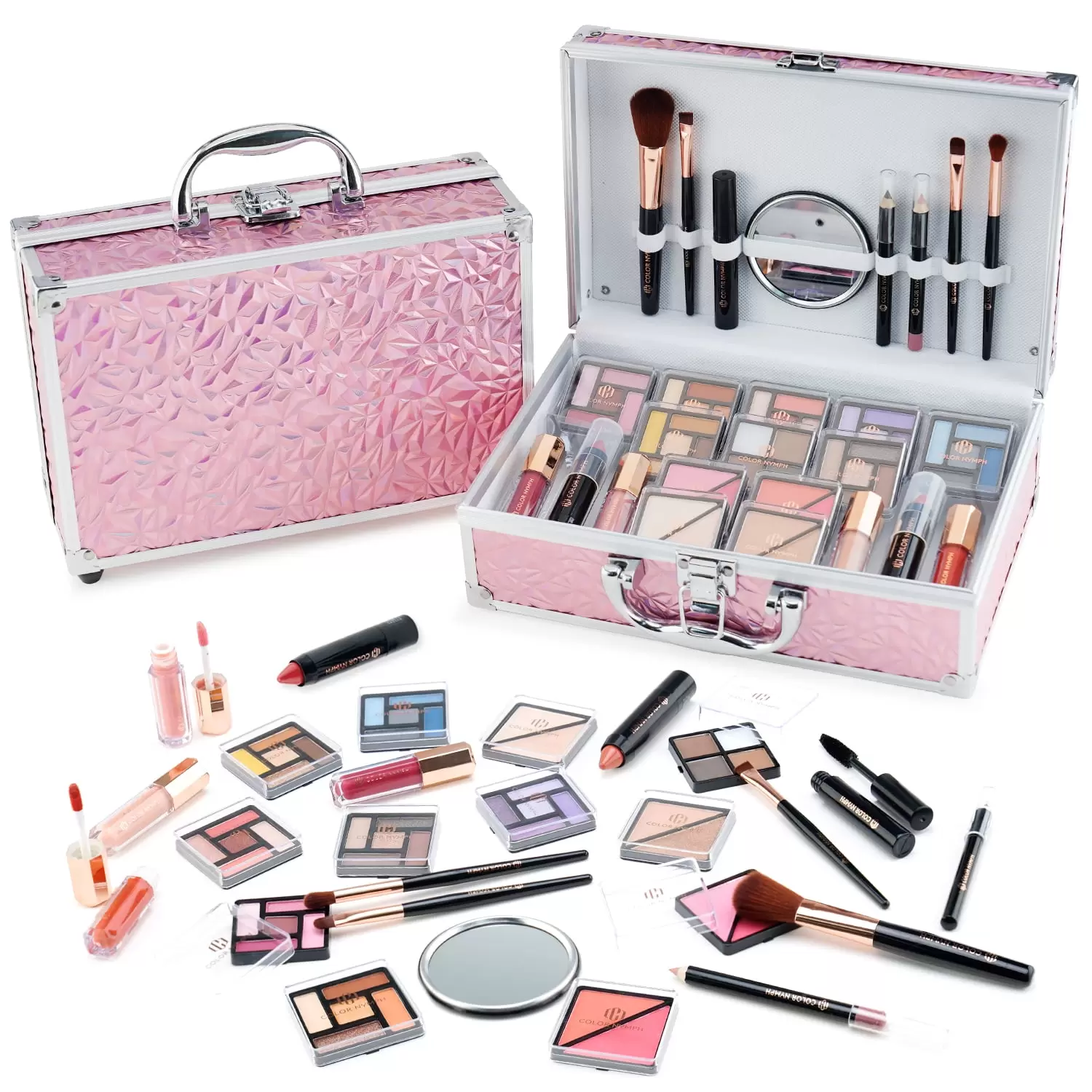 Color Nymph All in One Makeup Set for Teens Beginner. Makeup Kit Train Case for Girls Full Kit with 35 Colors Eyeshadow. Highlighter. Blush. Lipgloss. Brushes. Full Starter Cosmetics Set