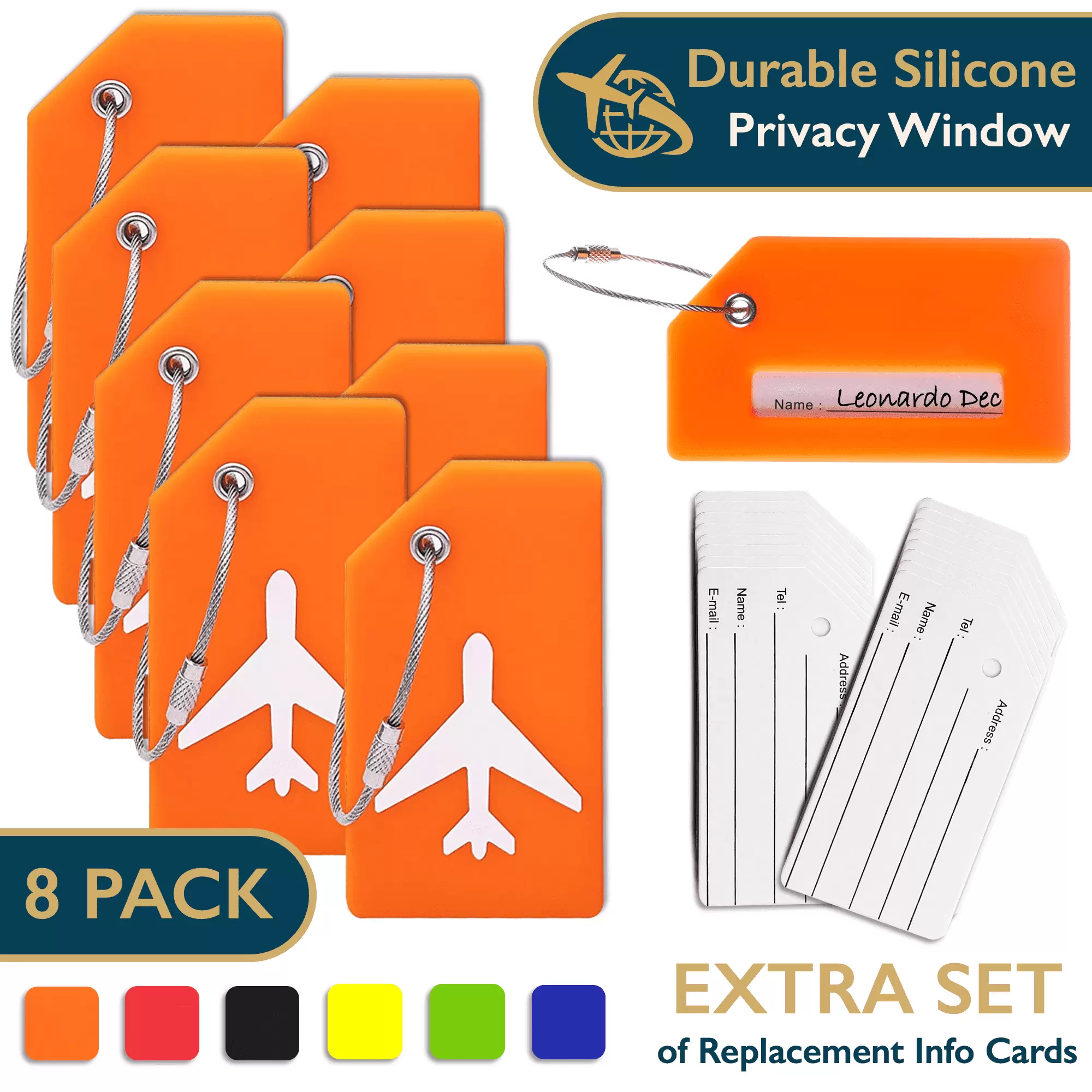 ComfiTime Luggage Tags ?C TSA Approved Silicone Luggage Tags for Suitcases. Travel Bag Tags for Luggage. Baggage & Backpacks. Luggage Identifier w/ Privacy Cover. Stainless-Steel Loop. 8 Pack. Orange