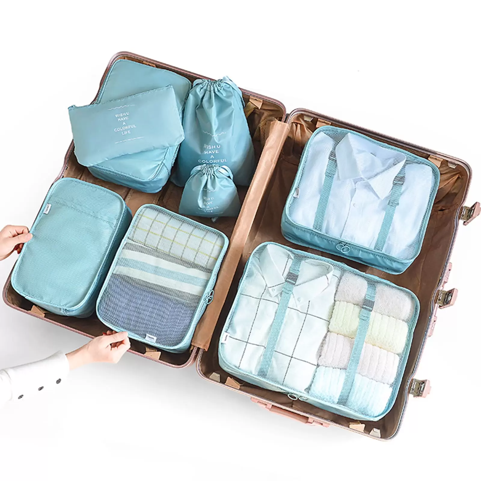 Compression Packing Cubes for Luggage. Set of 8. PAKASEPT Travel Storage Bags for Clothes/Cosmetic/Shoes/Electronics (light blue)