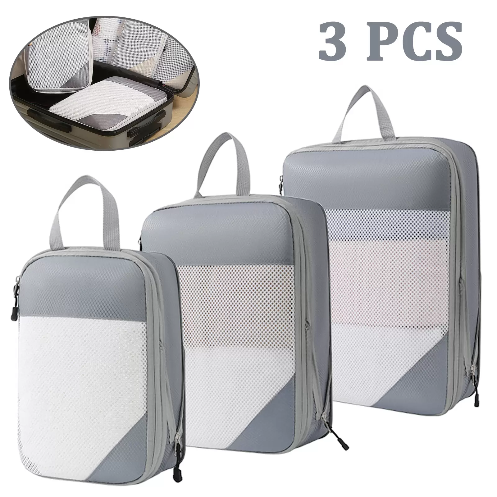 Compression Packing Cubes for Suitcases. 3 Set Expandable Storage Travel Luggage and Backpack Organizer.