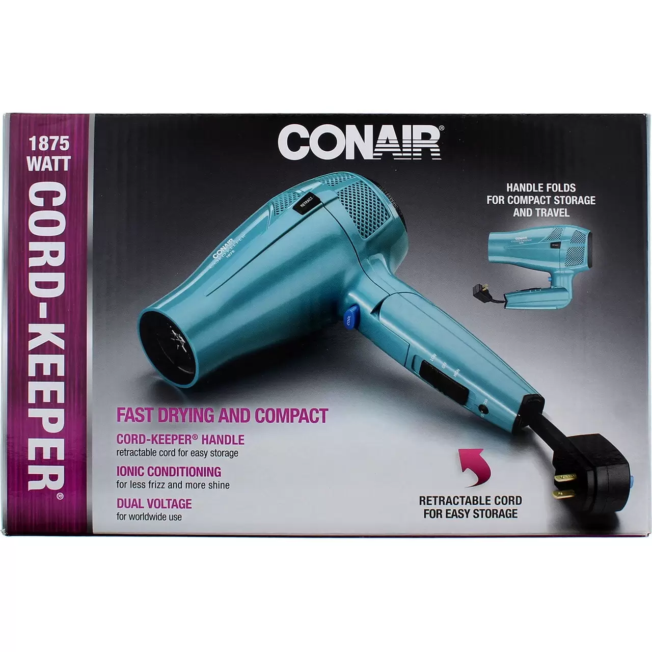 Conair Cord-Keeper Travel Size Folding Ionic Retractable Cord Hair Dryer. 1875 Watts. Blue